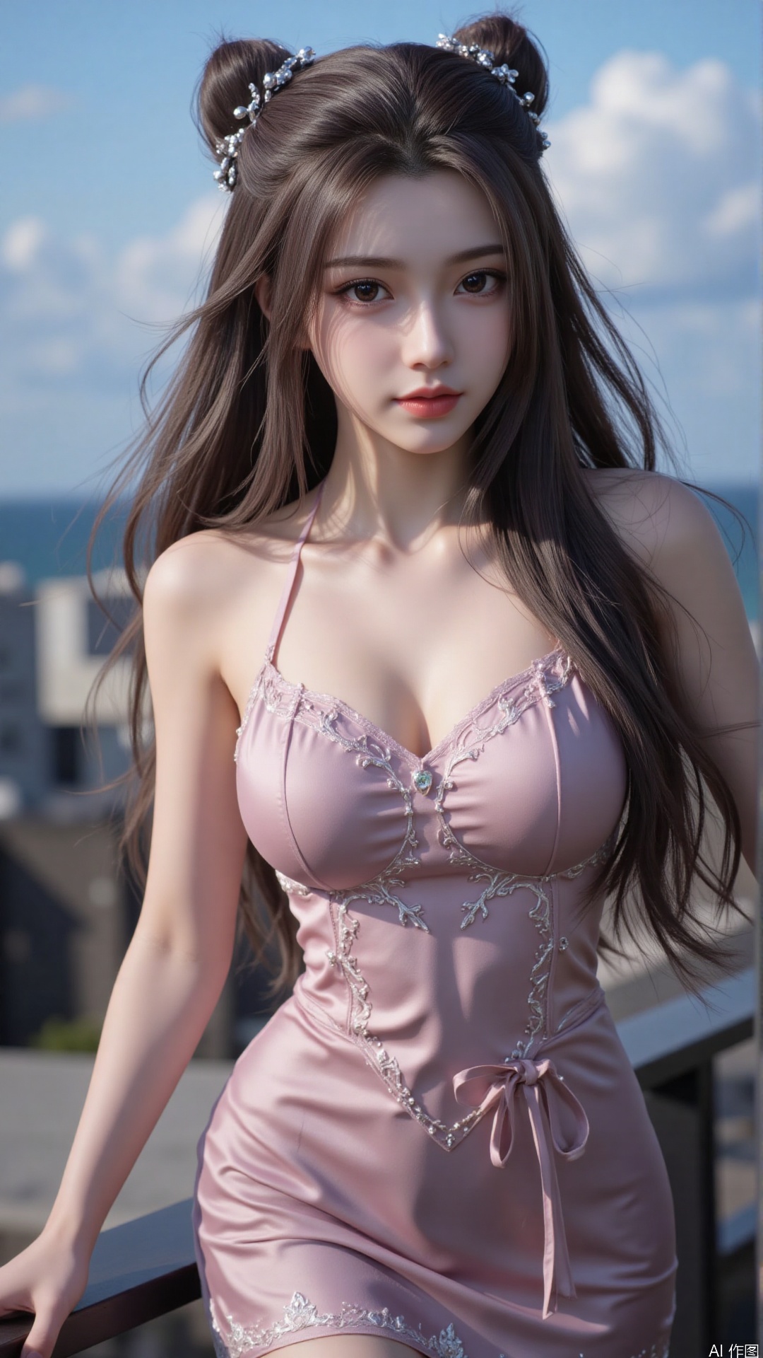 Very detailed face, extremely detailed eyes and face, (vacuum), 8K wallpaper, light leak, beautiful and detailed girl, extremely detailed CGUnity8K wallpaper, an extremely detailed and beautiful, beautiful and detailed eyes, masterpiece, best quality, Real photo level, (frontal shooting panoramic perspective), ( (Full body photo)), dynamic angle, dynamic pose, solo, ancient style silver hairpin with petals, blue sky and white clouds, (C cup), (huge round breasts), slender legs, super good figure, stunning beauty, (whole body in the mirror) , (wearing Lolita nightgown), (light reflects the shadow of the body through the clothes),vacuum,bare and smooth