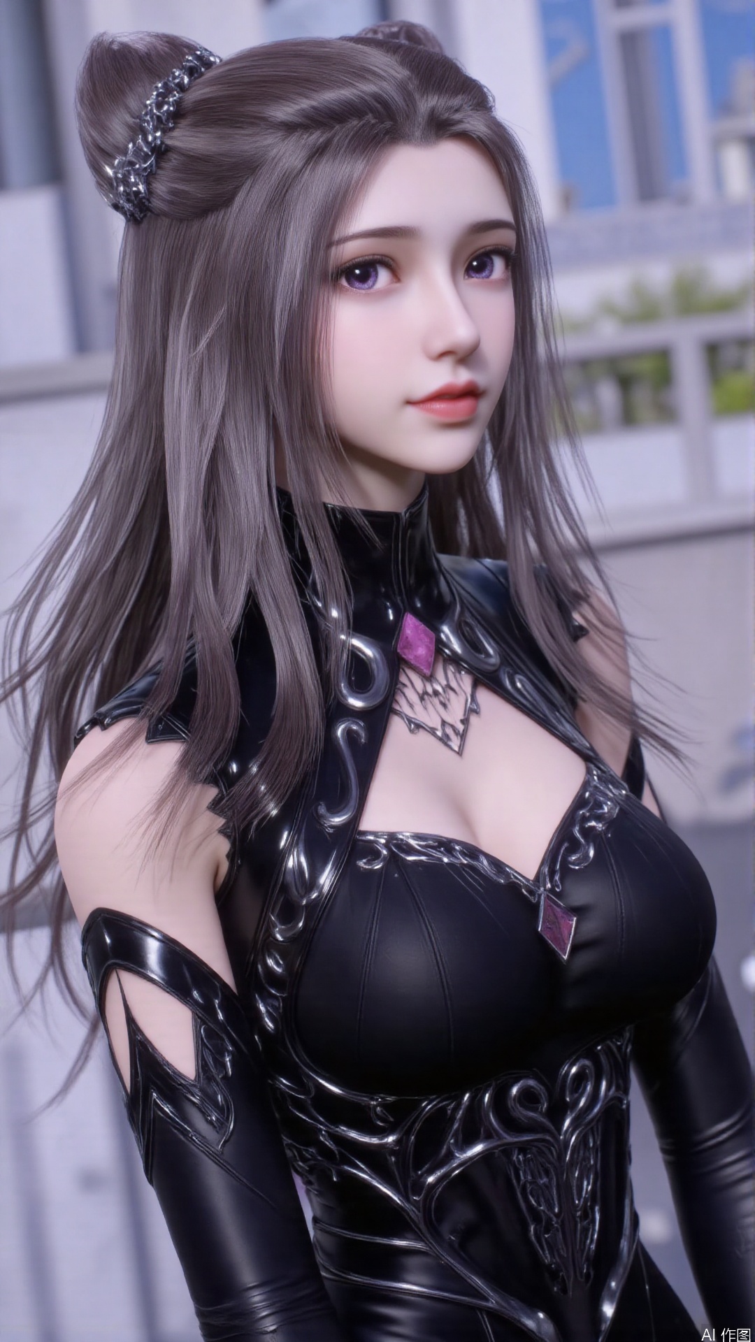1girl, solo, purple eyes, double bun, hair bun, long hair, looking at viewer, detached sleeves, black nails, clothing cutout, bodysuit, mischevious smile, perfect body, scenery, sharp focus, best quality, masterpiece, detailed outfit, illustration, perfect eyes, finely detailed beautiful anime eyes, realistic skin, intricate details, best lighting, depth of field, ultra high resolution,cowboy_shot, dynamic pose, dynamic angle,