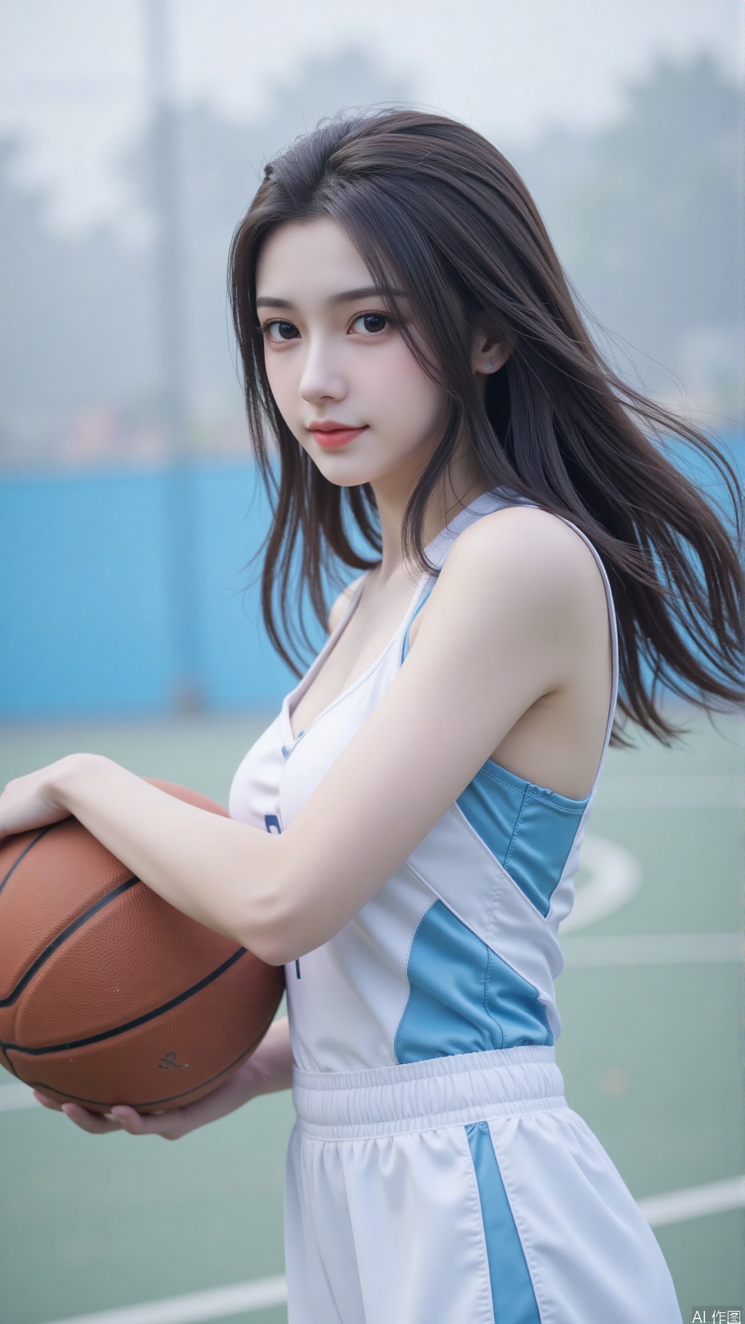 Character: a young Chinese woman playing basketball, white blue sport suit, Gazing at the camera with a soft, serene expression, long black hair, smile
Atmosphere: peaceful and serene. 
Quality: masterpiece, high quality, fine details, natural lighting, soft light diffused by mist. best quality,masterpiece