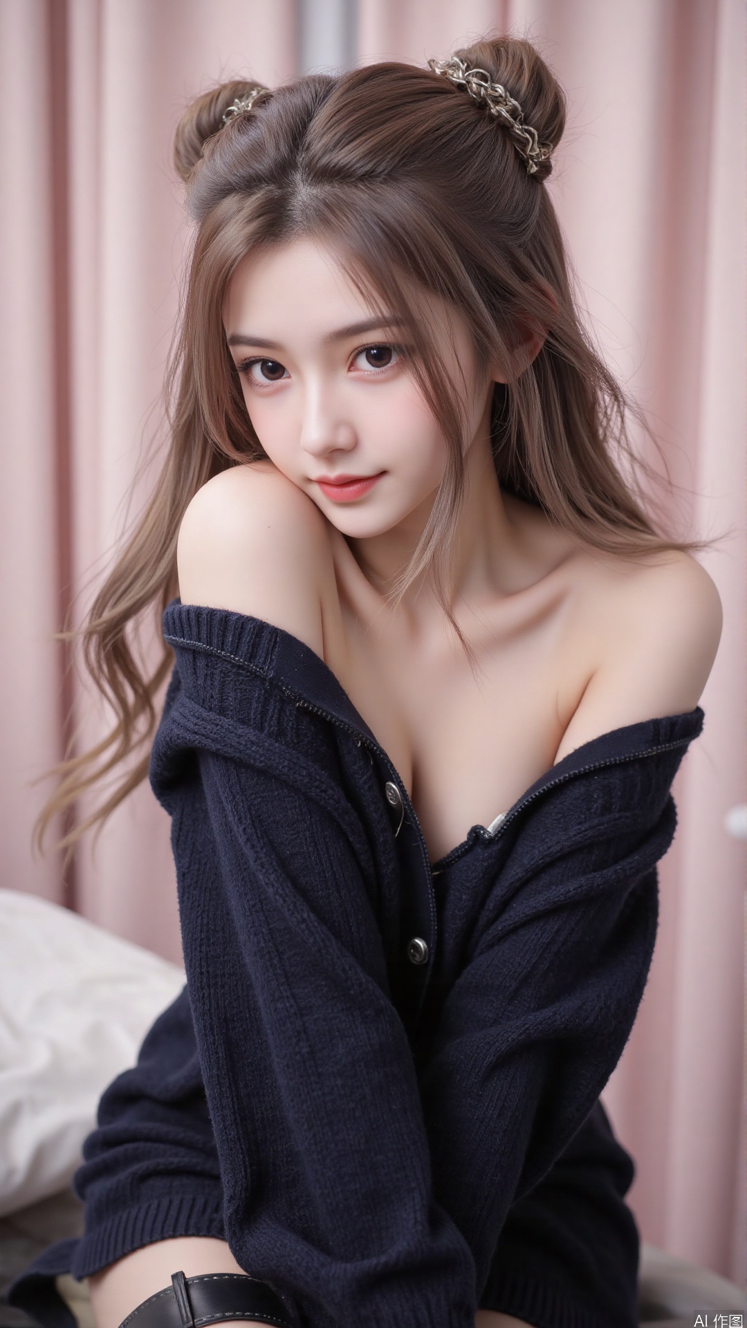 1girl, solo, long hair, looking at viewer, smile, sitting, collarbone, off shoulder, sweater, messy hair, realistic