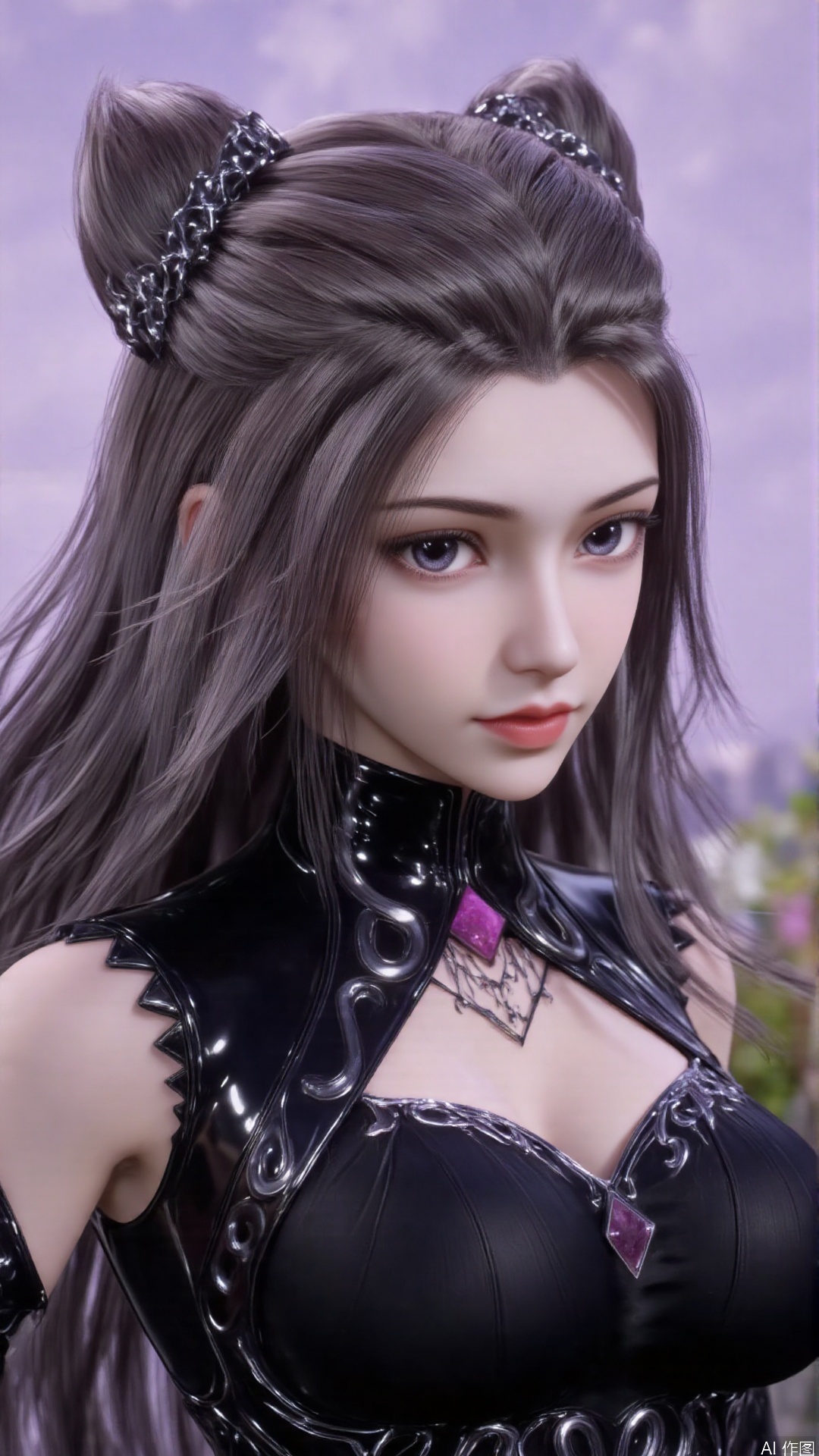 1girl, solo, purple eyes, double bun, hair bun, long hair, looking at viewer, detached sleeves, black nails, clothing cutout, bodysuit, mischevious smile, perfect body, scenery, sharp focus, best quality, masterpiece, detailed outfit, illustration, perfect eyes, finely detailed beautiful anime eyes, realistic skin, intricate details, best lighting, depth of field, ultra high resolution,cowboy_shot, dynamic pose, dynamic angle,