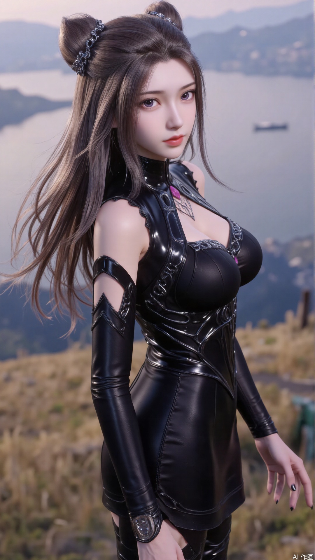 1girl, solo, purple eyes, double bun, hair bun, long hair, looking at viewer, detached sleeves, black nails, clothing cutout, bodysuit, mischevious smile, perfect body, scenery, sharp focus, best quality, masterpiece, detailed outfit, illustration, perfect eyes, finely detailed beautiful anime eyes, realistic skin, intricate details, best lighting, depth of field, ultra high resolution,cowboy_shot, dynamic pose, dynamic angle,