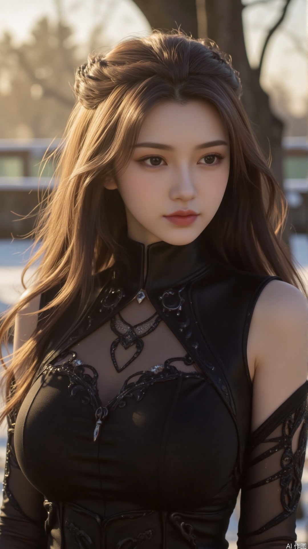  a asian woman, sexy long hair, charming and seductive temperament, distant close-up, golden ratio, movie texture, minimalism, high-end feeling, strong contrast between cold and warm, outdoor scenes, 