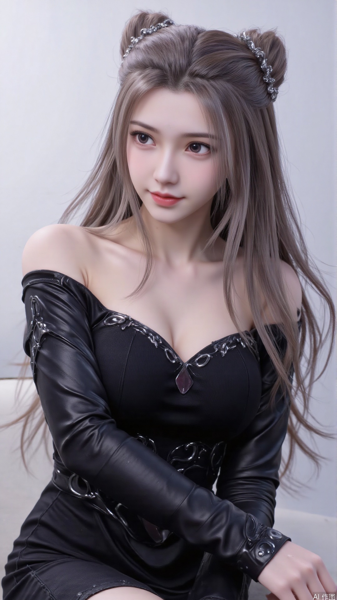 1girl, solo, long hair, looking at viewer, smile, sitting, collarbone, off shoulder, sweater, messy hair, realistic