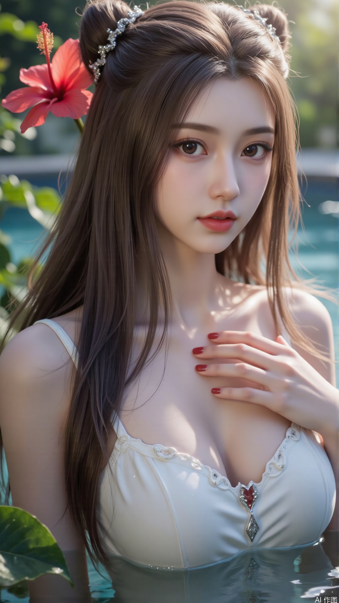 1girl, solo, long hair, breasts, looking at viewer, blush, open mouth, bangs, brown hair, hair ornament, dress, bare shoulders, brown eyes, medium breasts, collarbone, flower, parted lips, hair flower, water, white dress, sleeveless dress, leaf, plant, red flower, partially submerged, hibiscus
,backlighting,depth of field,cinematic lighting,light particles,lens flare, (artist:quasarcake:0.8),extreme aesthetic,(wlop:0.6),masterpiece,best quality,good quality,newest,very aesthetic,absurdres,Visual impact,A shot with tension, ultra-high resolution,32K UHD,sharp focus,best-quality,masterpiece,Emotionalization,unconventional supreme masterpiece,masterful details,temperate atmosphere,with a high-end texture,in the style of fashion photography, (alzi xiaomI:1.2),(mogumo:1.1),(good hands, nice hands:0.5),giving the poster a dynamic and visually striking appearance,impactful picture,offcial art,colorful,movie perspective, masterpiece,best quality,amazing quality,very aesthetic,absurdres,best quality,newest