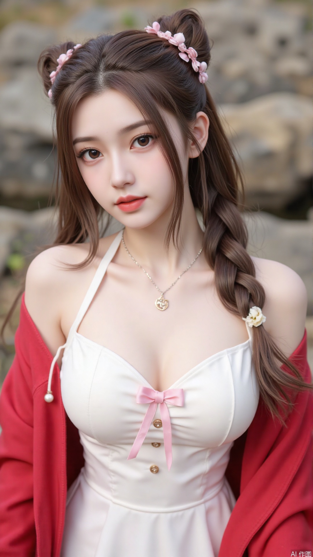 1girl,solo,jewelry,flower,hair flower,hair ornament,necklace,realistic,brown hair,brown eyes,looking at viewer,dress,blurry background,twin braids,blurry,white dress,long hair,upper body,breasts,pink bow,red jacket,bare shoulders,lips,collarbone,outdoors,cleavage,large natural breast,soft breasts,huge Breasts