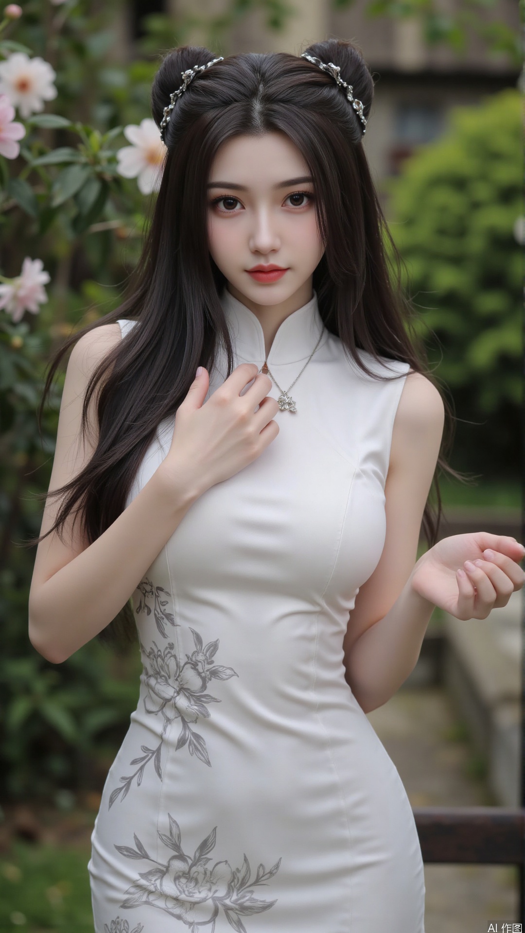 A portrait of an Asian woman with long, flowing black hair, wearing a traditional cheongsam (Chinese dress) in a subtle floral print. She's standing gracefully in a traditional Chinese garden, surrounded by lush greenery and blooming flowers. The overall mood is serene and peaceful, emphasizing the grace and elegance of the traditional attire. High resolution, 8k, soft lighting, hyperrealistic, photorealistic, detailed textures, elegant pose, serene expression, traditional cheongsam, natural beauty, trending on artstation.