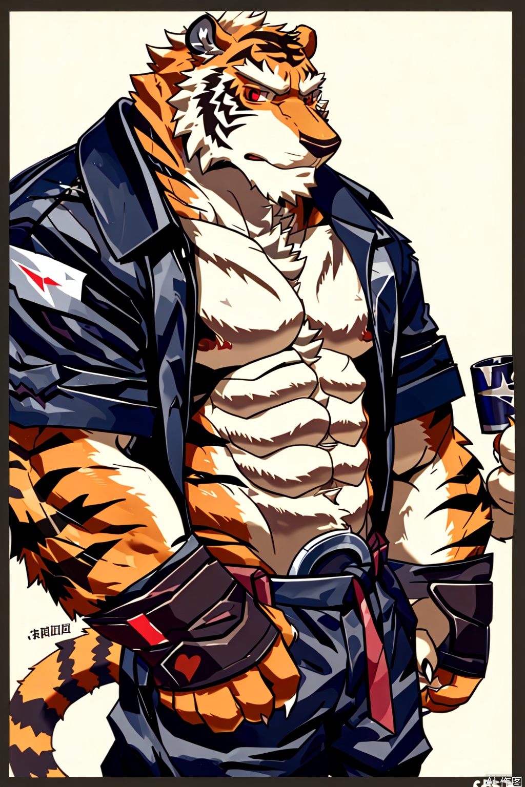 solo, short hair, 1boy, navel, holding,red eyes,animal ears, nipples, jacket, tail, white hair, male focus, open clothes, alternate costume, belt, pants, fingerless gloves, stomach, open jacket, cup, muscular, feet out of frame, abs, sunglasses, pectorals, muscular male, holding cup, bara, furry, large pectorals, furry male, tiger ears, disposable cup, bare pectorals, white and black fur, tiger boy,character:PangSP