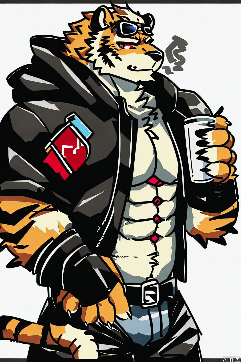 solo, short hair, 1boy, navel, holding,red eyes,animal ears, nipples, jacket, tail, white hair, male focus, open clothes, alternate costume, belt, pants, fingerless gloves, stomach, open jacket, cup, muscular, feet out of frame, abs, sunglasses, pectorals, muscular male, holding cup, bara, furry, large pectorals, furry male, tiger ears, disposable cup, bare pectorals, white and black fur, tiger boy,character:PangSP
