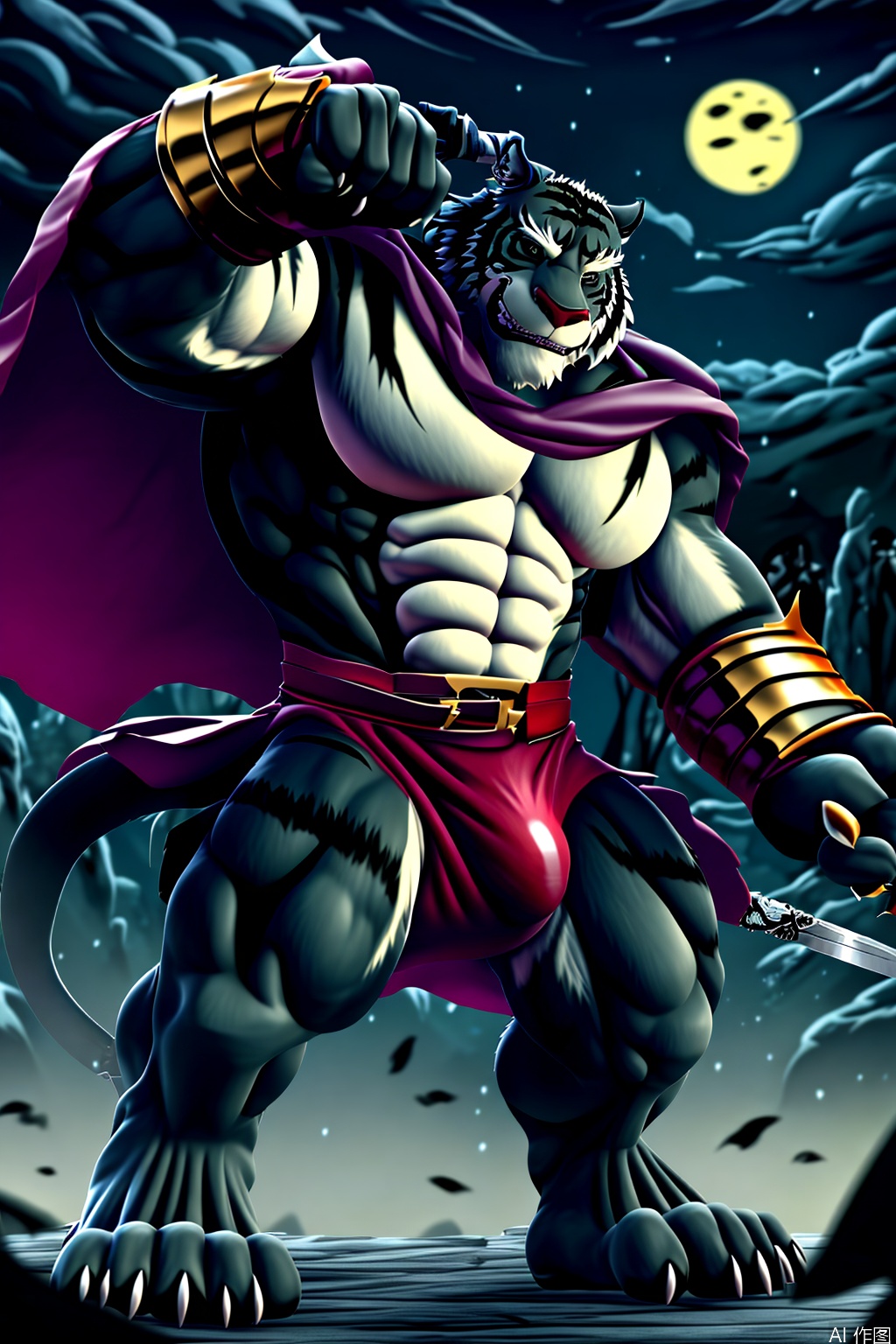 solo, looking at viewer, gloves, 1boy,night, holding, animal ears, full body,scar on body,black fur, weapon, male focus, thighs, sword, dark fur, fingerless gloves, armpits, cape, holding weapon, muscular, facial hair, thick thighs, holding sword, tiger ears, pectorals, muscular male, bara, pelvic curtain, furry, large pectorals, bulge, furry male,character:PangSP
