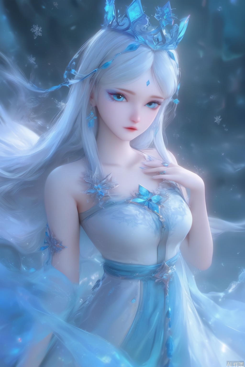 score_9,score_8_up,score_7_up,1girl,solo,long hair,crown,looking at viewer,blue eyes,hair ornament,forehead mark
,dress,bare shoulders,bare arm,jewelry,white hair,white dress,blue dress,snowflakes,gem,hand on own chest,