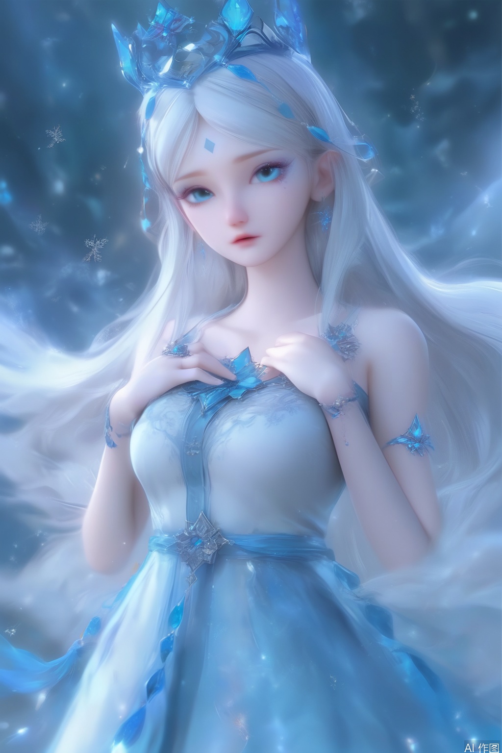 score_9,score_8_up,score_7_up,1girl,solo,long hair,crown,looking at viewer,blue eyes,hair ornament,forehead mark
,dress,bare shoulders,bare arm,jewelry,white hair,white dress,blue dress,snowflakes,gem,hand on own chest,