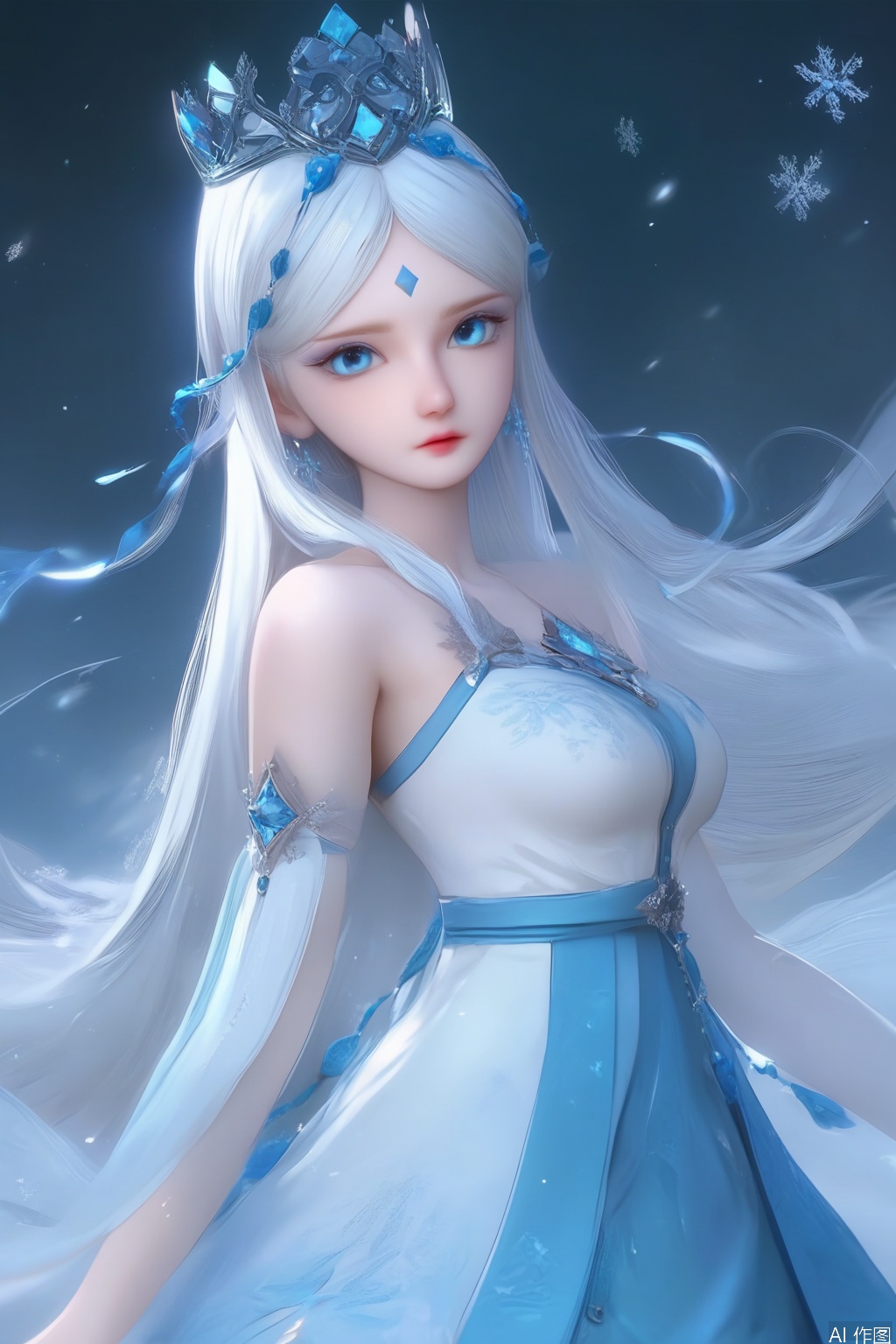 score_9,score_8_up,score_7_up,1girl,solo,long hair,crown,looking at viewer,blue eyes,hair ornament,forehead mark
,dress,bare shoulders,jewelry,white hair,white dress,blue dress,snowflakes,