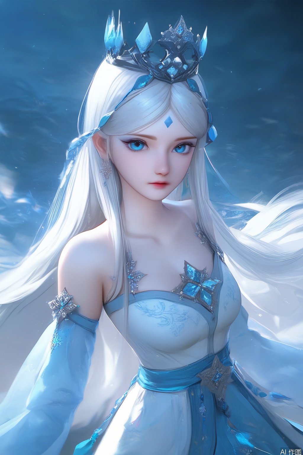 score_9,score_8_up,score_7_up,1girl,solo,long hair,crown,looking at viewer,blue eyes,hair ornament,forehead mark
,dress,bare shoulders,jewelry,white hair,white dress,blue dress,snowflakes,