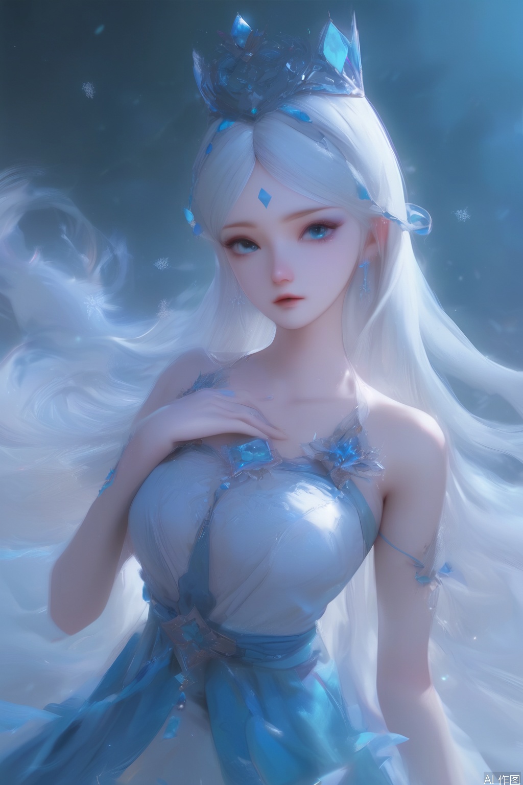 score_9,score_8_up,score_7_up,1girl,solo,long hair,crown,looking at viewer,blue eyes,hair ornament,forehead mark
,dress,bare shoulders,bare arm,jewelry,white hair,white dress,blue dress,snowflakes,gem,hand on own chest,