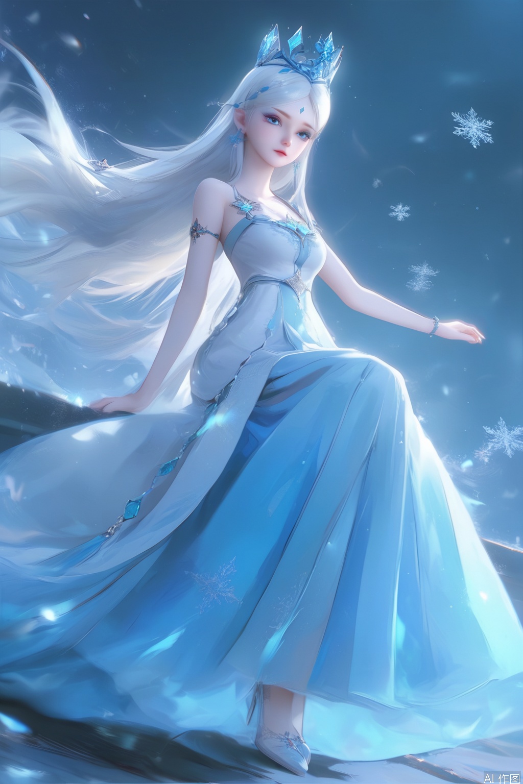 score_9,score_8_up,score_7_up,1girl,solo,long hair,crown,looking at viewer,blue eyes,hair ornament,forehead mark
,dress,bare shoulders,bare arm,jewelry,white hair,white dress,blue dress,snowflakes,high heels,full body