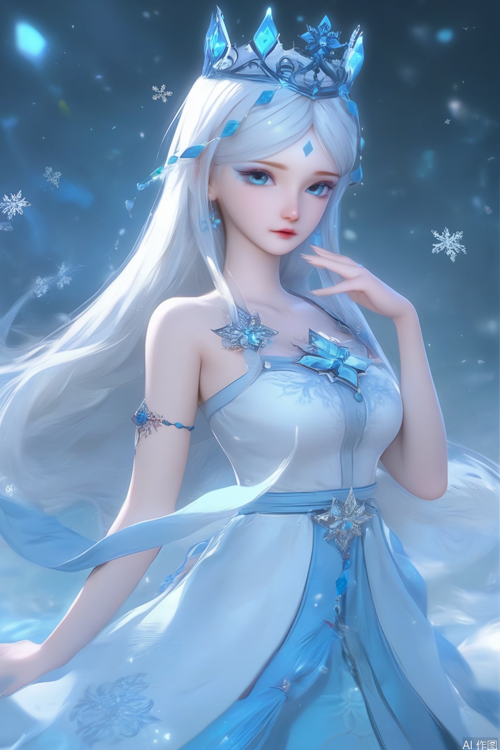 score_9,score_8_up,score_7_up,1girl,solo,long hair,crown,looking at viewer,blue eyes,hair ornament,forehead mark
,dress,bare shoulders,jewelry,white hair,white dress,blue dress,snowflakes,fingers
