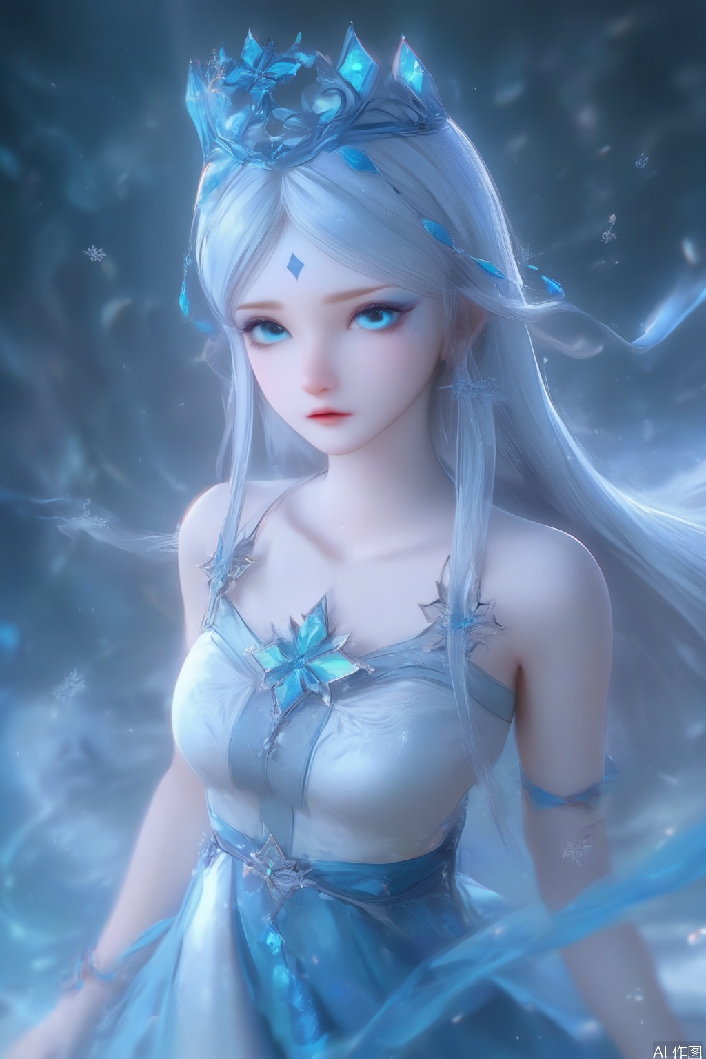 score_9,score_8_up,score_7_up,1girl,solo,long hair,crown,looking at viewer,blue eyes,hair ornament,forehead mark
,dress,bare shoulders,bare arm,jewelry,white hair,white dress,blue dress,snowflakes,gem,