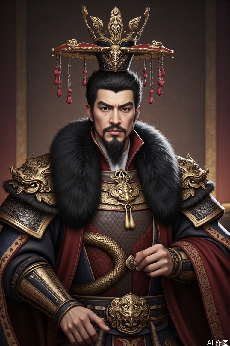 This is an image of a monarch. He has a solemn expression and a dignified gaze. He wears the imperial crown with tassels, and the crown board is decorated with hanging beads. He is dressed in a magnificent dragon - pattern armor, mainly in gold and red colors, with a black fur collar. The shoulder guards and chest have exquisite dragon - shaped carvings, highlighting the nobility and power of a monarch.,Ancient figures of the Three Kingdoms period