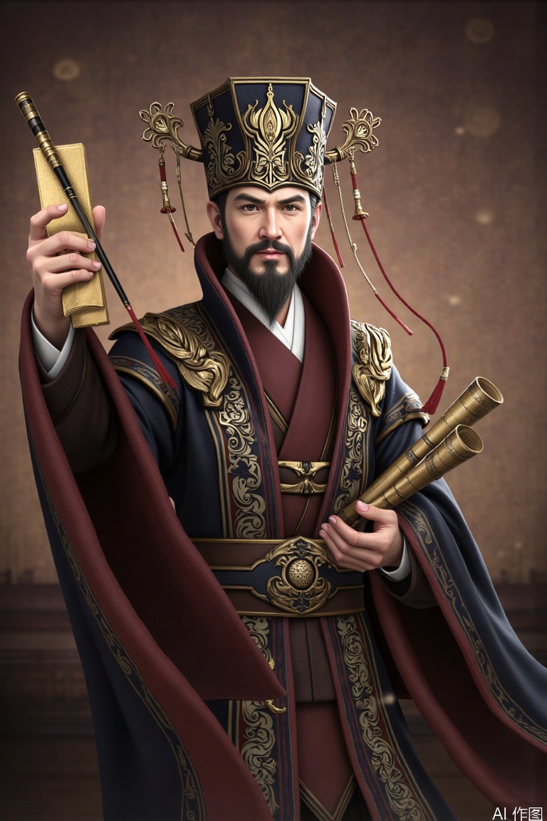 This is an image of a civilian official. He has a calm demeanor and wise eyes. He wears an exquisitely - decorated official hat and holds a writing brush and bamboo slips. He is dressed in a wide - sleeved robe with complex patterns and golden decorations, and the overall attire exudes the elegance and wisdom of a civilian official.,Ancient figures of the Three Kingdoms period