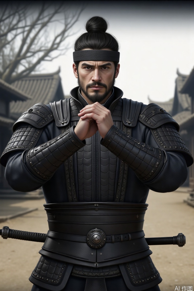 The general has a resolute expression and folds his hands in salute. He wears a black cloth hairband, and his hair is tied into a bun. He is dressed in black leather armor reinforced with metal rivets. There are black protective gear on the shoulders and arms, and a black long sword is attached to his waist. The background is an old - fashioned street.,Ancient figures of the Three Kingdoms period,asian,handsome,