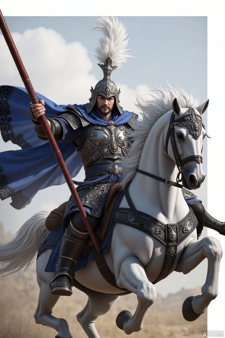 The general on the white horse is valiant and dashing. He wears a helmet adorned with white feathers and metal parts, and there is a unique - shaped decoration on the top of the helmet. He is draped in a blue cape that flutters in the wind, with black patterns on the edges. He is dressed in heavy armor mainly in silver and white colors, with intricate carved patterns on the armor. He has a dark blue belt around his waist and holds a long red - brown shafted weapon.,Ancient figures of the Three Kingdoms period