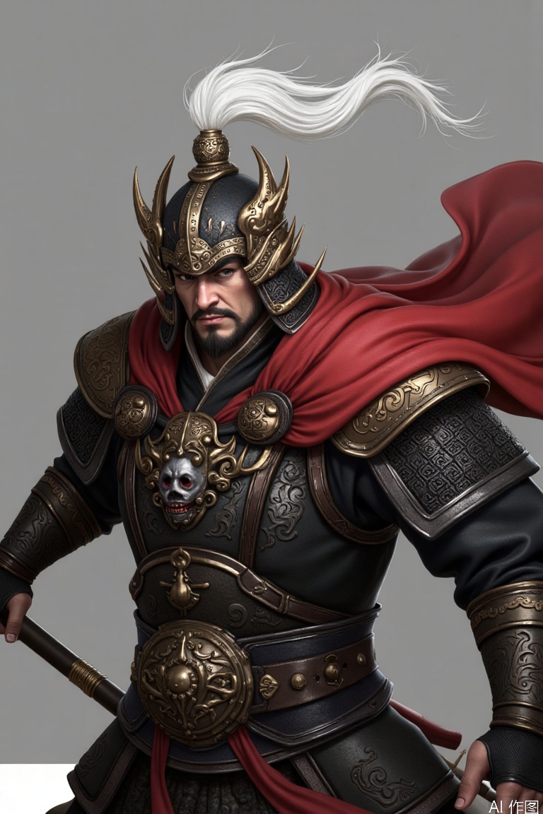 A general with a serious expression and sharp eyes has a powerful aura. He wears an exaggerated - shaped helmet with a white streamer on the top. The front of the helmet has sharp protrusions and complex metal decorations, resembling a beast's head. He is clad in black - based armor with red streamers and golden patterns. The shoulder guards are in the shape of dragon heads, and the surface of the armor is carved with mysterious patterns. He holds a long - handled weapon, and his red cape spreads out on the sides, giving people an imposing feeling without showing anger.,Ancient figures of the Three Kingdoms period