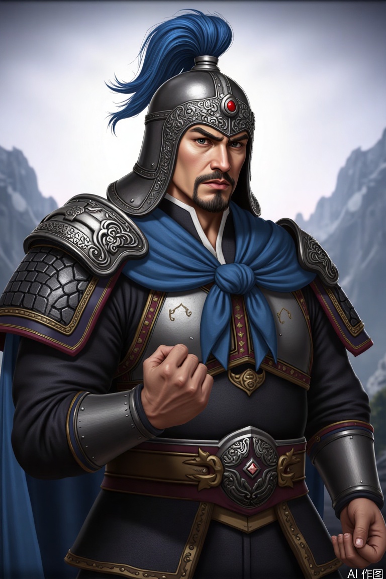 A valiant general from the Three Kingdoms period, with a tough - looking face, deep - set facial features, determined eyes, and short stubble, stands with one fist in front of his body and holds a weapon in the other hand. He wears a silver helmet adorned with blue plumes and a red gemstone, a blue cape, and a dark armor with silver shoulder guards and golden patterns. The background of the picture is mountains, and the soft light creates a majestic atmosphere.,Ancient figures of the Three Kingdoms period