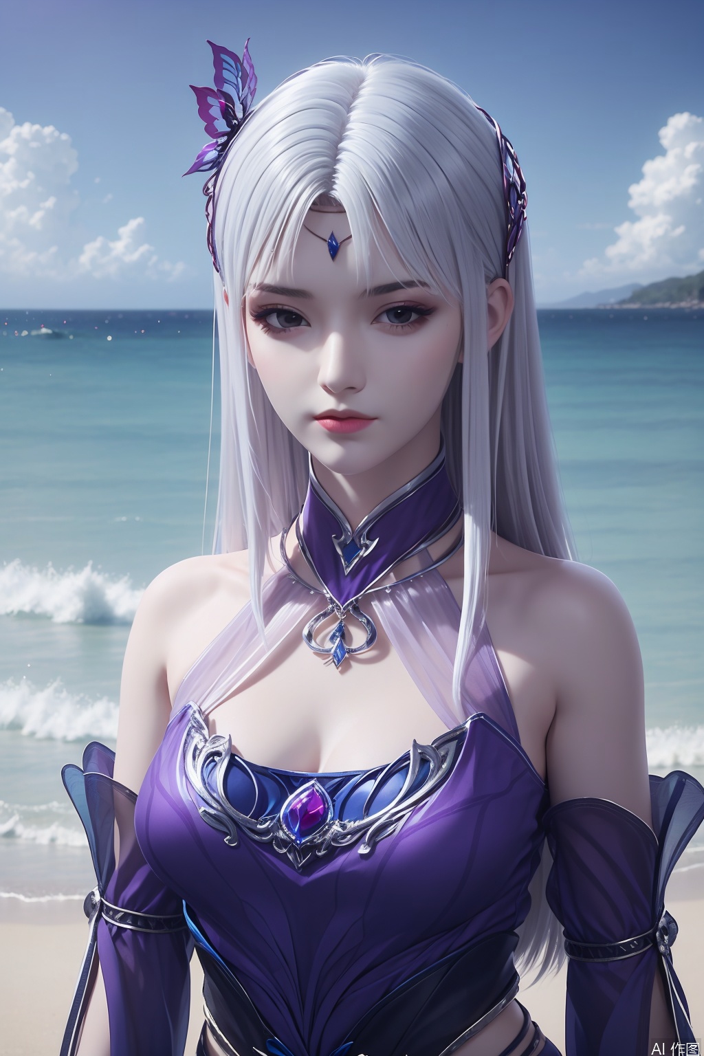 1girl, solo, long hair, hair ornament, dress, bare shoulders, white hair, detached sleeves, purple dress, masterpiece,best quality,official art,extremely detailed CG unity 8k wallpaper,upper body,looking at viewer,on the beach,