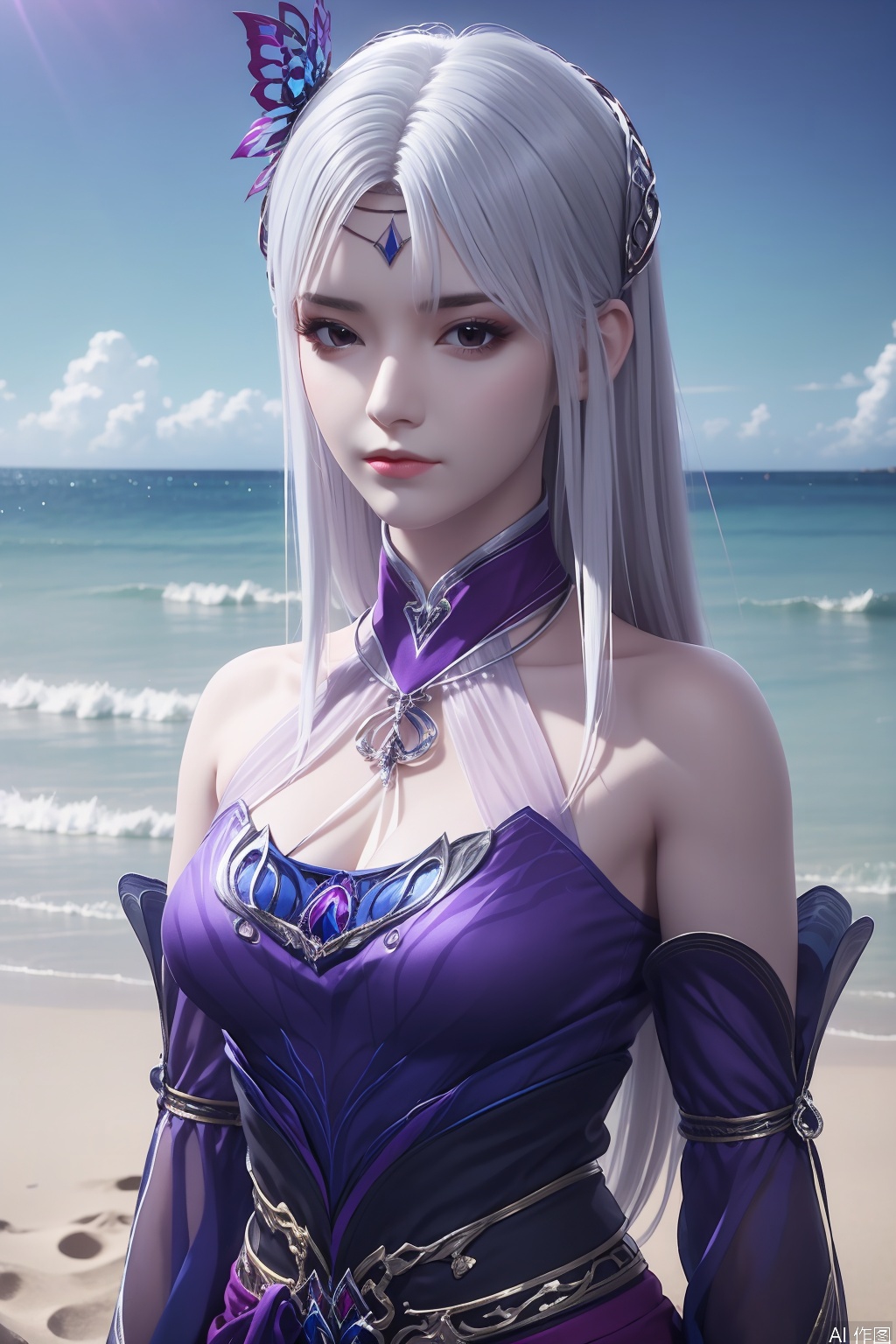 1girl, solo, long hair, hair ornament, dress, bare shoulders, white hair, detached sleeves, purple dress, masterpiece,best quality,official art,extremely detailed CG unity 8k wallpaper,upper body,looking at viewer,on the beach,