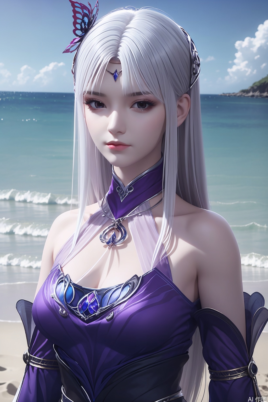 1girl, solo, long hair, hair ornament, dress, bare shoulders, white hair, detached sleeves, purple dress, masterpiece,best quality,official art,extremely detailed CG unity 8k wallpaper,upper body,looking at viewer,on the beach,