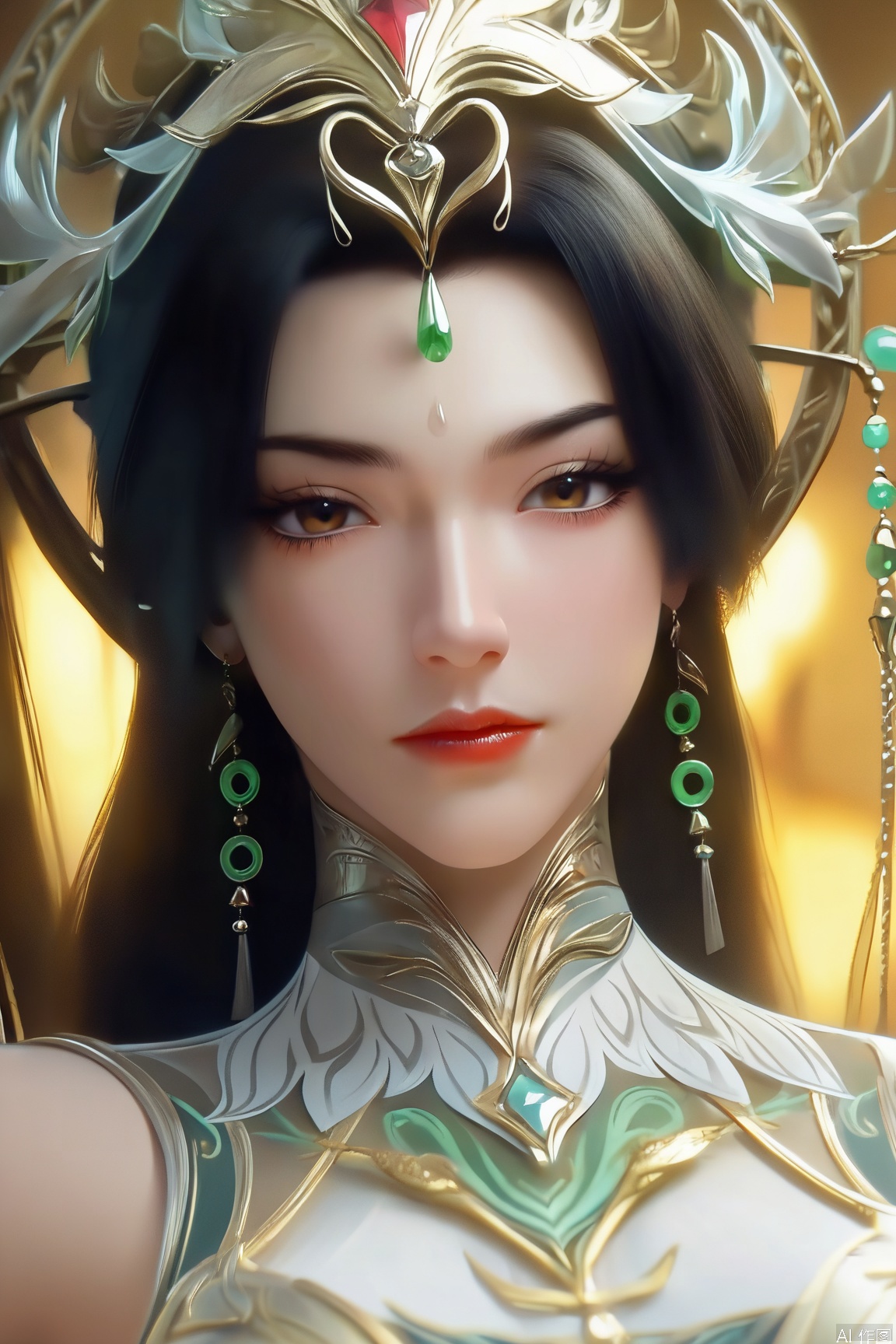 score_9_up,score_8_up,score_7_up,(Masterpiece, Best Quality, High Resolution, 8K Raw),absurdres, highres, Expressiveh,illustration,CG, 
1girl, solo, long hair, looking at viewer, black hair, brown eyes, jewelry, earrings, lips, eyelashes, makeup, gem, portrait, red lips