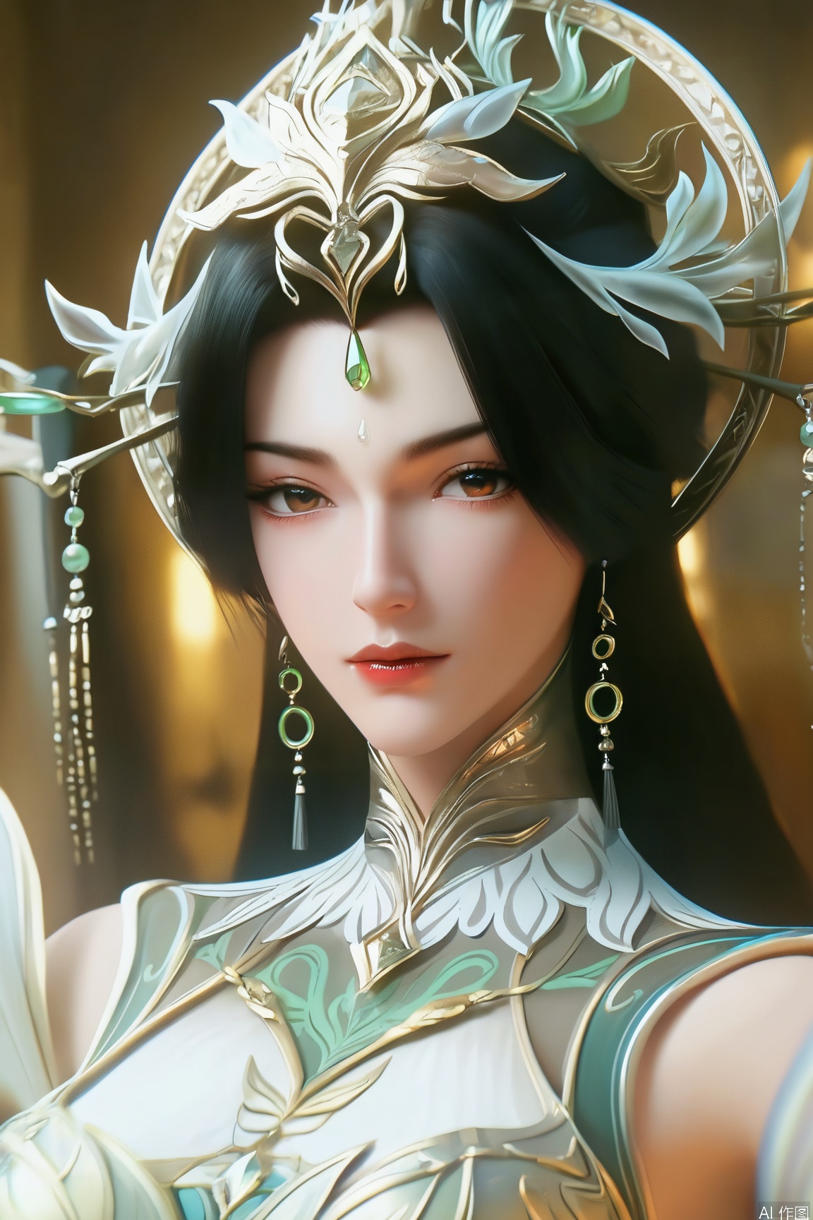 score_9_up,score_8_up,score_7_up,(Masterpiece, Best Quality, High Resolution, 8K Raw),absurdres, highres, Expressiveh,illustration,CG, 
1girl, solo, long hair, looking at viewer, black hair, brown eyes, jewelry, earrings, lips, eyelashes, makeup, gem, portrait, red lips