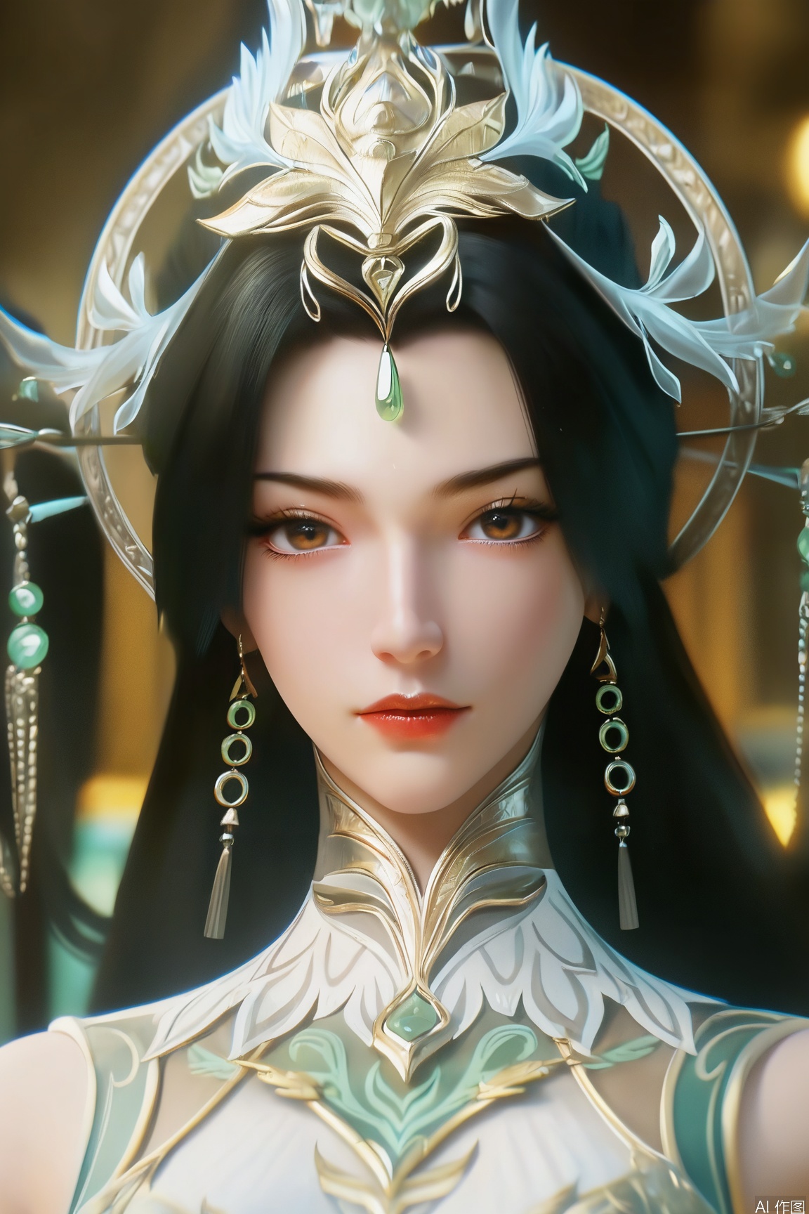 score_9_up,score_8_up,score_7_up,(Masterpiece, Best Quality, High Resolution, 8K Raw),absurdres, highres, Expressiveh,illustration,CG, 
1girl, solo, long hair, looking at viewer, black hair, brown eyes, jewelry, earrings, lips, eyelashes, makeup, gem, portrait, red lips