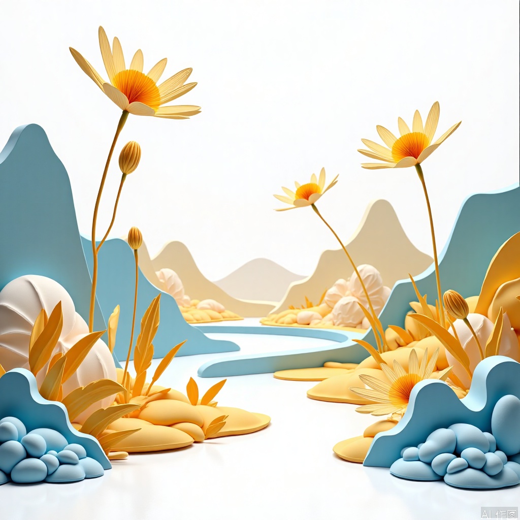 Alternate dimension view,hair flower,Landscape illustration,Minimalist and small fresh.