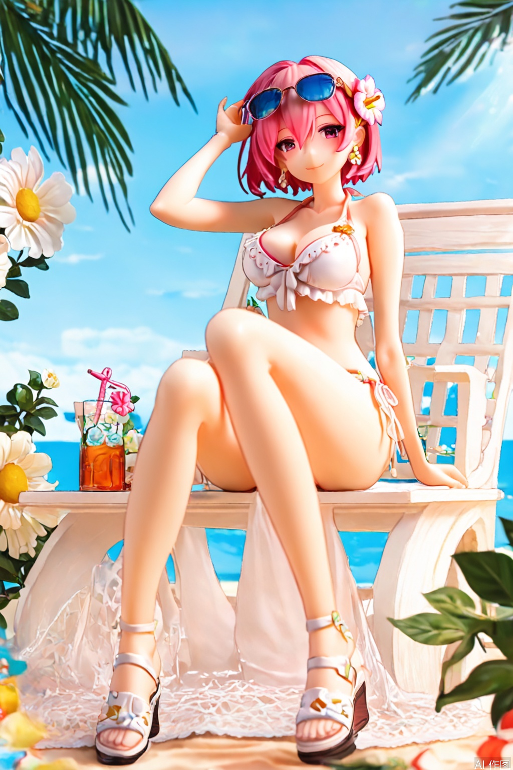 Banish,masterpiece,(posing sketch),extremely delicate and beautiful,best quality,artistic style,fashionable,cool and fashionable
solo, breasts, looking at viewer, smile, short hair, bangs, hair ornament, cleavage, hair between eyes, bare shoulders, jewelry, medium breasts, sitting, closed mouth, collarbone, swimsuit, full body, pink hair, flower, bikini, earrings, outdoors, sky, day, hair flower, pink eyes, tree, cup, toes, side-tie bikini bottom, white bikini, sandals, sunglasses, white footwear, eyewear on head, drinking glass, toenails, palm tree, adjusting eyewear, hibiscus,baiou（Singularity age）,shadow