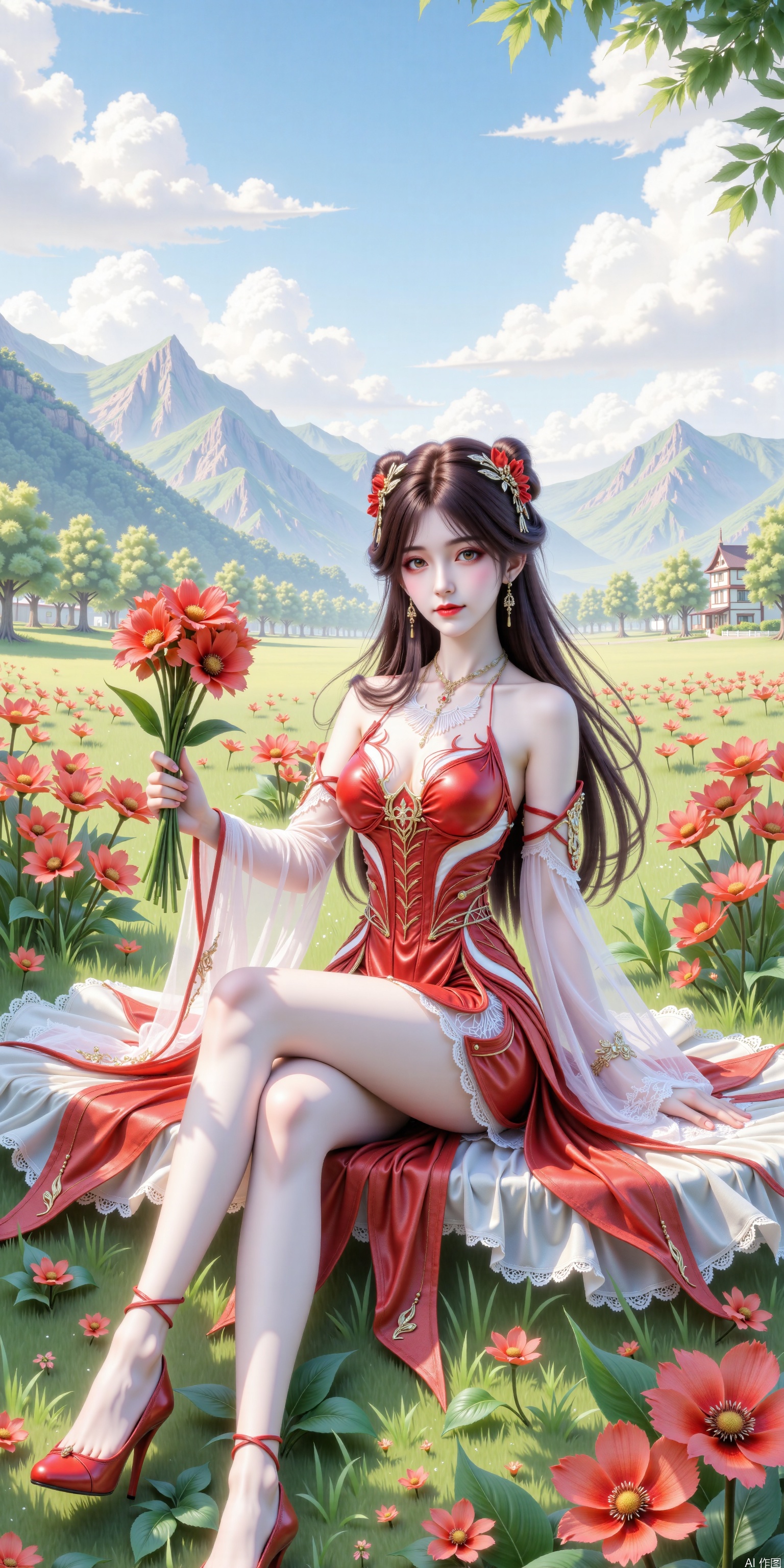 The beautiful spring scene is a vast green grass in the background, with bright red flowers blooming on the grass, like a sea of ​​red flowers, and in the distance are continuous green mountains and blue sky and white clouds. The sun shines on the grass, the light and shadow are soft, the breeze is gentle, and the flowers are swaying in the wind. Sitting in the middle of the grass was an elegant beauty, wearing a red and white dress, revealing her slender long legs. Her long hair was lit up in the wind, holding a bouquet of red flowers in her hand, smiling and gentle eyes. The overall picture is full of vitality and romance, with bright colors and delicate light and shadows, just like a dream of spring.