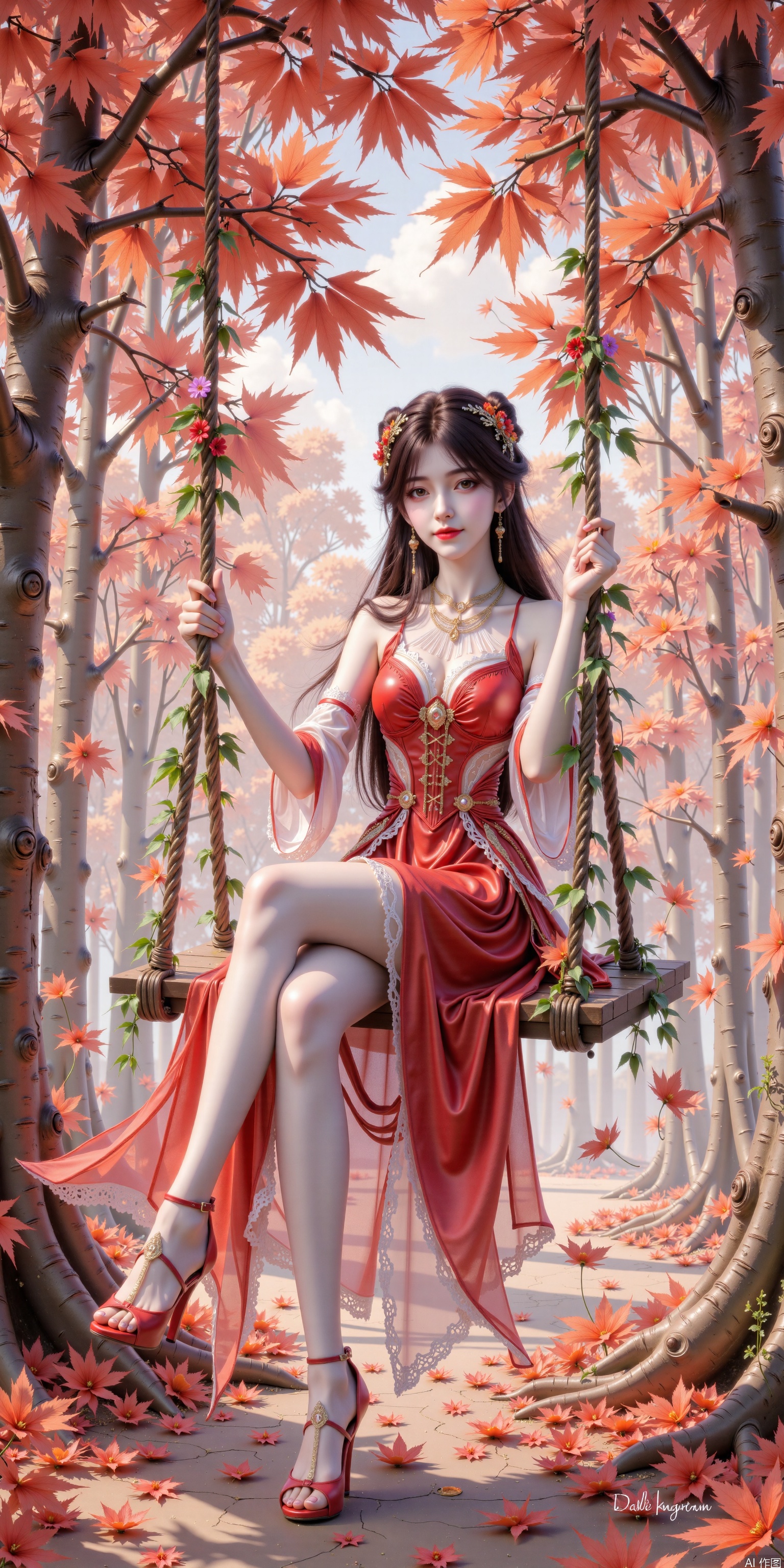 The beautiful autumn scene, the background is a golden maple forest, the leaves fall in the wind, and the ground is covered with red fallen leaves. In the center of the picture is a swing woven from red leaves, with vines and small flowers wrapped around the swing rope, full of natural atmosphere. On the swing was an elegant beauty, wearing a long red and white dress, showing her long legs. Her long hair was swaying lightly in the wind, with a smile on her face and a gentle look on her eyes. The sun shines mottled light and shadow through the leaves. The overall picture is warm and romantic, with rich colors and soft light and shadow, just like a fairy tale in autumn.