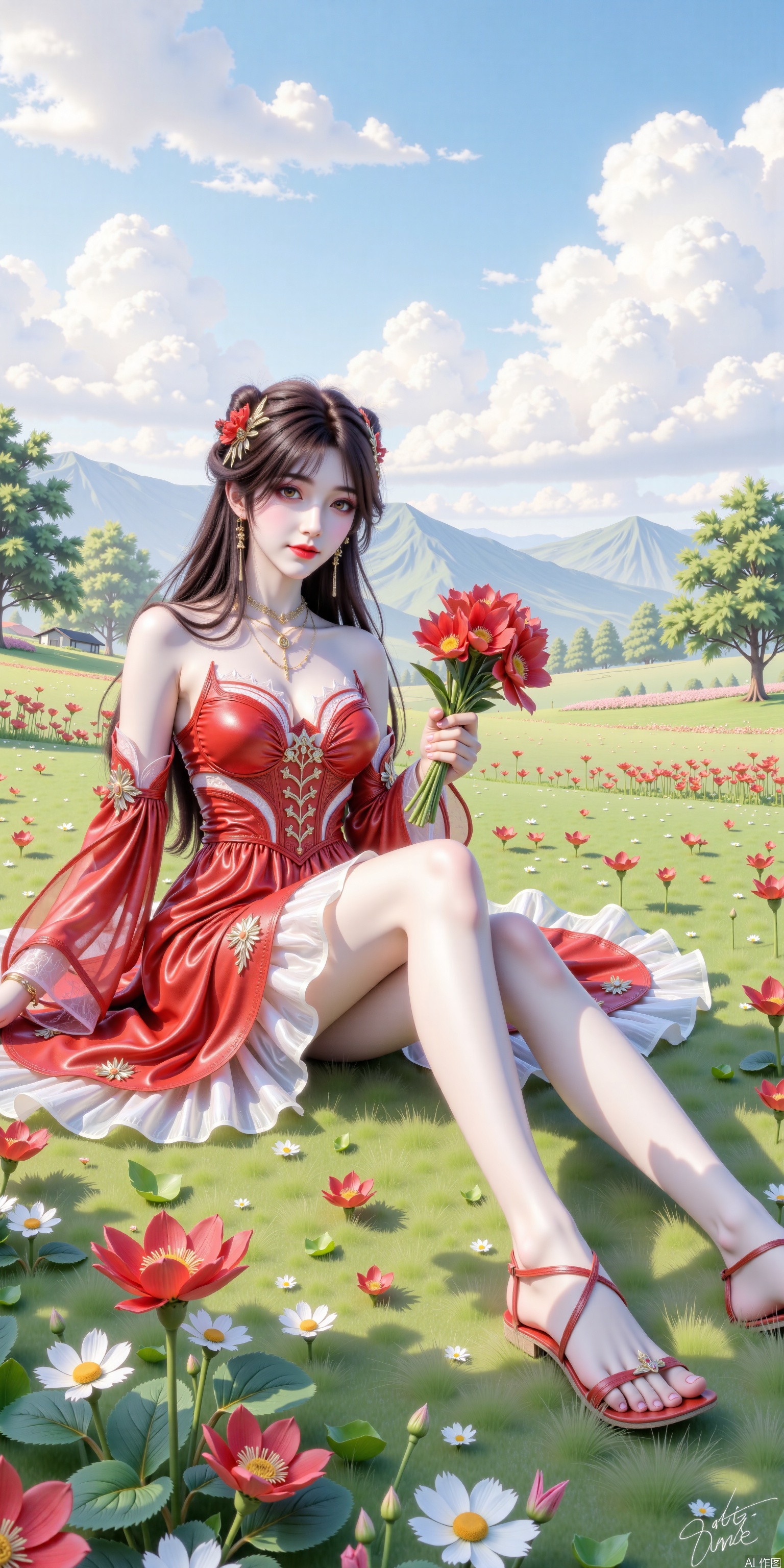 The beautiful spring scene is a vast green grass in the background, with bright red flowers blooming on the grass, like a sea of ​​red flowers, and in the distance are continuous green mountains and blue sky and white clouds. The sun shines on the grass, the light and shadow are soft, the breeze is gentle, and the flowers are swaying in the wind. Sitting in the middle of the grass was an elegant beauty, wearing a red and white dress, revealing her slender long legs. Her long hair was lit up in the wind, holding a bouquet of red flowers in her hand, smiling and gentle eyes. The overall picture is full of vitality and romance, with bright colors and delicate light and shadows, just like a dream of spring.