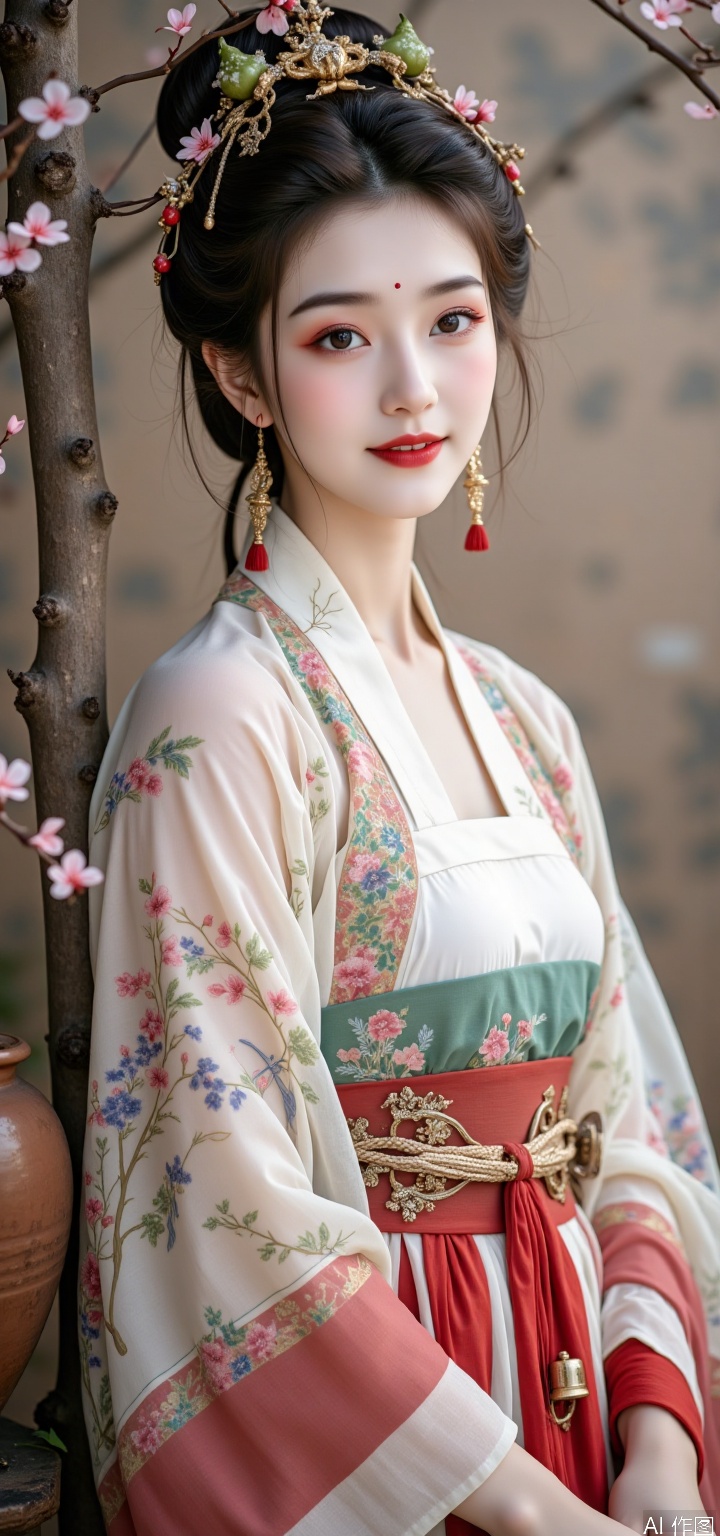 This is a full body photo of a woman, leaning against the old apricot tree and smiling faintly. The pear vortex is filled with spring mash that has been brewed for ten years. The flash between her eyebrows was dyed by half a hanging apricot blossom. Her eyes were three points softer than the new swallowtail feathers - green silk loosely wrapped in a fallen horse bun, wrapped in soft willow branches and faded red ropes. Two rusty apricot silver scissors were inserted into his hair; The plain white short neckline was embroidered with swiftlets' mud patterns, the reddish linen skirt was splattered with mud, the pottery jar hanging around the waist was filled with dewy wildflowers, the barefoot grass rope bell creaked, and velvet like green sprouts suddenly emerged from the soil beneath the feet. Laughter is wrapped in the fireworks of the world, and even tombstones bloom with moss flowers in her eyes