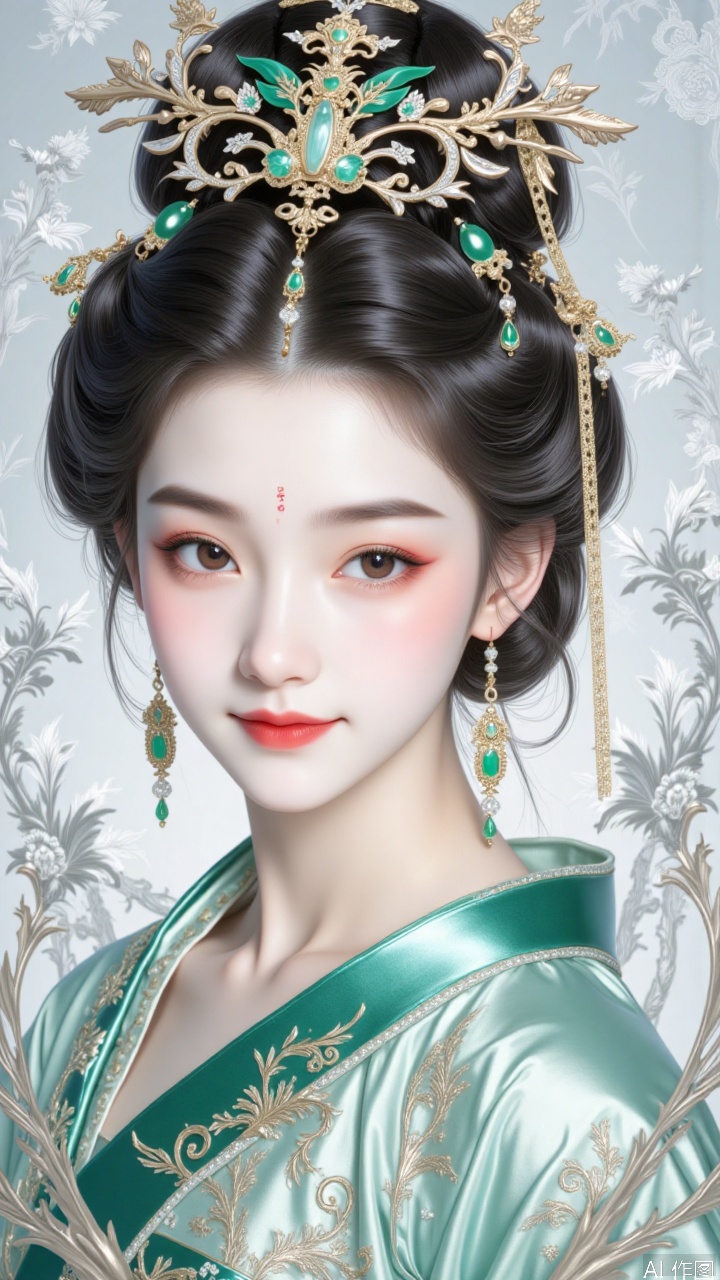 This is a full body picture of a girl. She is born with icy muscles and jade bones,with a sweet smile, her eyebrows are like distant mountains of indigo, and in a light sweep, they look like ink and wash blending; A pair of almond eyes, like glass soaked in moonlight, with a hint of light blush at the end of their eyes, looking forward like autumn water ripples. The nose bridge is as delicate as a jade carving, and the lips are like newly bloomed cinnabar peonies, with a hint of a cold smile before speaking. Her cheeks were as smooth as sheep fat jade wrapped in a thin cherry color, and her earlobes hung with a pair of pendants wrapped in tourmaline, reflecting a faint light as she walked lightly. Hairstyle and accessories: A "Nine Luan Moon Chasing Bunch" is made of green silk, with a triple cloud vortex pattern silver silk base wrapped around the top and center, and a diagonal insert in between: a "tired silk point emerald green Luan holding a pearl and swaying step by step": the tail feathers of the L
