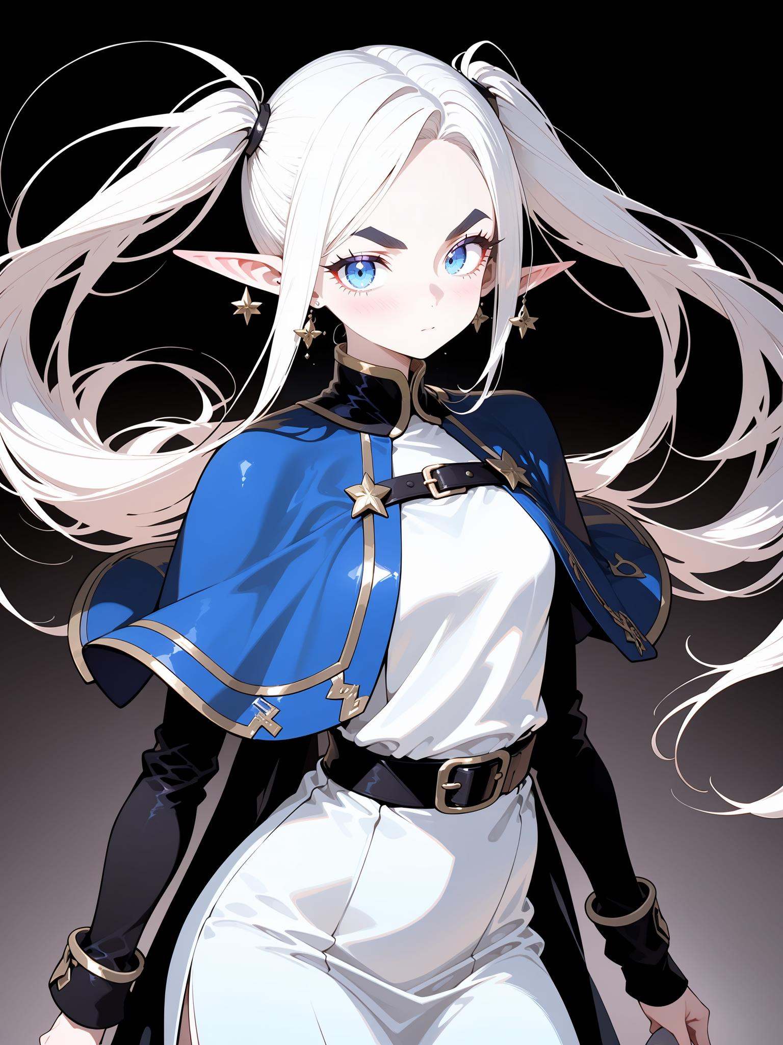 HEZI, splendid atmosphere, rich in colors, beautiful, 1girl, frieren, solo, pointy ears, twintails, elf, white hair, jewelry, white capelet, capelet, long hair, earrings, belt, looking at viewer, parted bangs, black belt, long sleeves, glowing, magic, skirt, blue eyes, striped shirt, striped clothes, shirt, white skirt, black background, casting spell, dress, closed mouth, dangle earrings, cowboy shot, white dress, gold trim, expressionless, pantyhose, belt buckle, thick eyebrows, buckle, standing, floating hair, hand up, drop earrings
