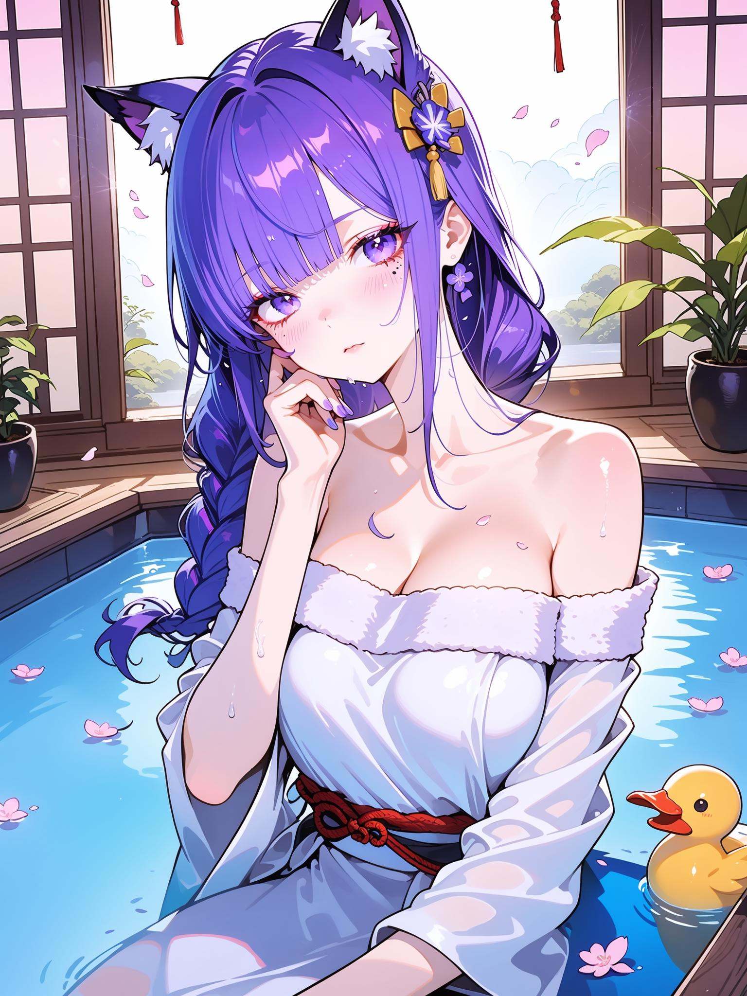 HEZI, splendid atmosphere, rich in colors, beautiful, 1girl, breasts, raiden shogun, rubber duck, animal ears, purple hair, looking at viewer, hair ornament, cleavage, solo, bottle, long hair, mole, purple eyes, mole under eye, tattoo, blush, braid, large breasts, flower, water, petals, cat ears, bare shoulders, purple nails, animal ear fluff, off shoulder, nail polish, braided ponytail, plant, towel, earrings, purple flower, potted plant, extra ears, upper body, wet, partially submerged, jewelry, tassel, hair flower, indoors, arm under breasts, window, white towel, multicolored hair, collarbone, falling petals, makeup, hand up, blunt bangs, bathing, single braid, tassel hair ornament, kemonomimi mode, tomoe \(symbol\), bath, very long hair, eyeliner, kimono, mitsudomoe \(shape\), sidelocks, sake bottle, blue hair, petals on liquid