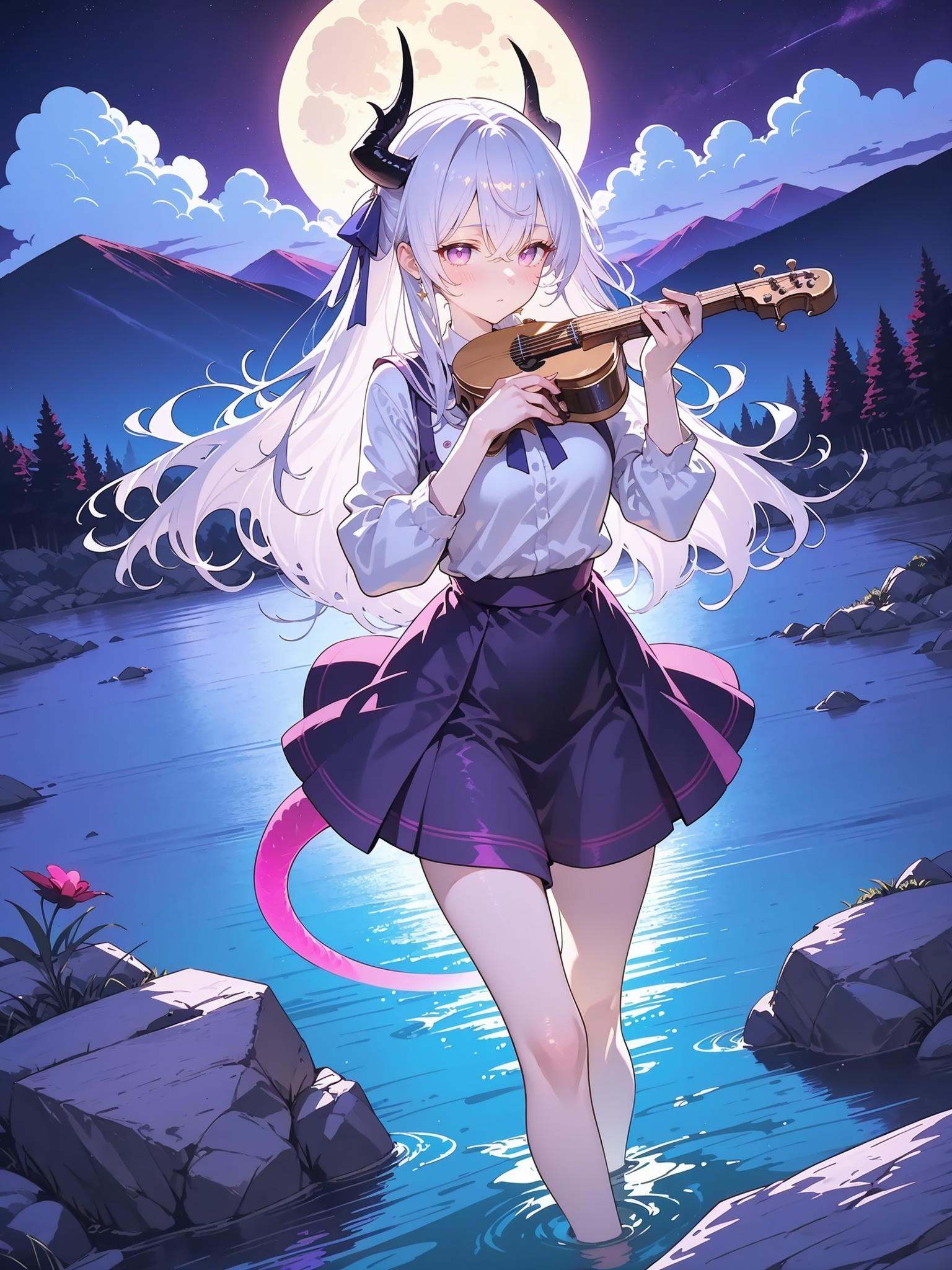 HEZI, splendid atmosphere, rich in colors, beautiful, 1girl, horns, solo, tail, playing instrument, night, dragon tail, music, instrument, outdoors, long hair, flute, water, dragon horns, dragon girl, white hair, sky, night sky, skirt, black skirt, wading, moon, standing, long sleeves, holding, star \(sky\), holding instrument, bandages, ribbon, bandaged leg, purple eyes, starry sky, full moon, yellow ribbon, mountainous horizon, lake, cloud, shirt, pink eyes, hair ribbon, white shirt, mountain, breasts, hands up, feet out of frame, hair between eyes, looking at viewer, rock, dress