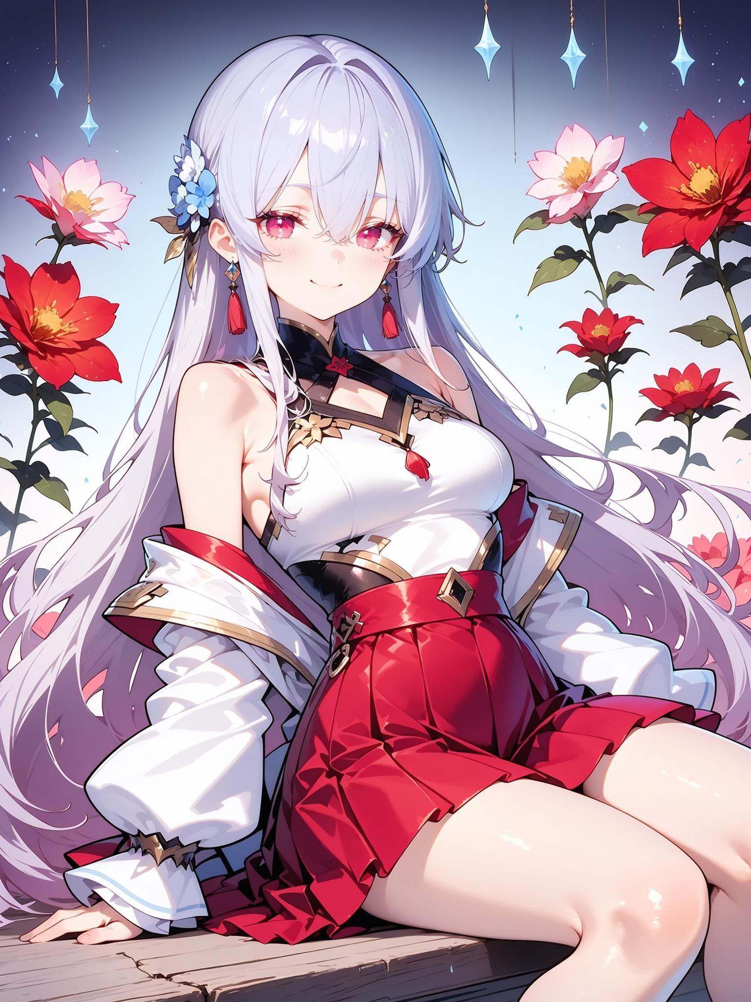 HEZI,splendid atmosphere,rich in colors,beautiful,1girl,solo,long hair,flower,sitting,jewelry,looking at viewer,earrings,tassel,white hair,smile,bare shoulders,hair between eyes,skirt,closed mouth,breasts,tassel earrings,white flower,long sleeves,red skirt,thighs,pink flower,feet out of frame,detached sleeves,jacket,very long hair,blue flower,hair rings,dress,sleeveless,off shoulder,bare legs,red eyes,grey hair,white shirt,shirt,multicolored hair,medium breasts,crystal,pleated skirt,hair ornament,