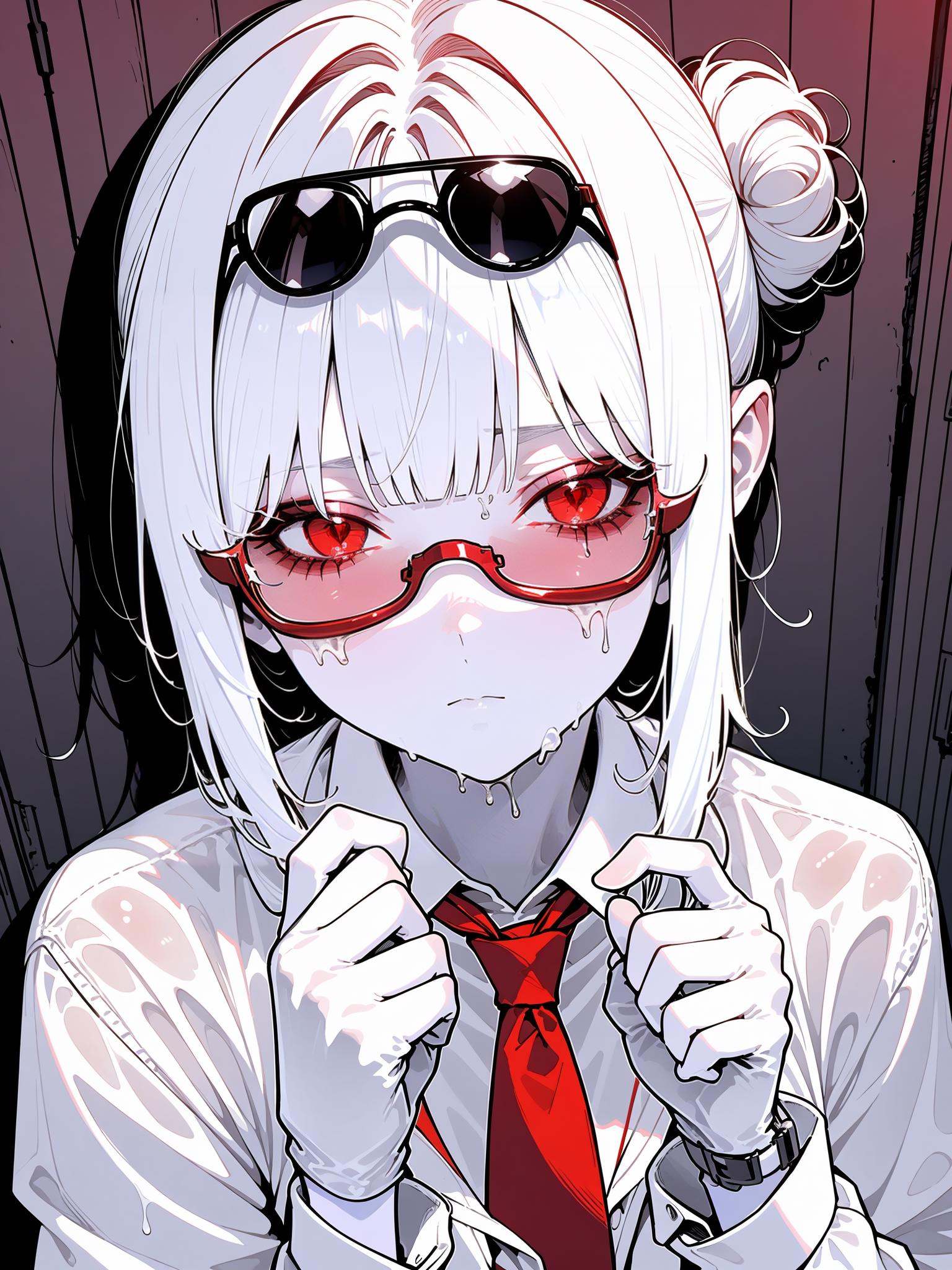 HEZI, splendid atmosphere, rich in colors, beautiful, 1girl, solo, shirt, white hair, necktie, red eyes, red necktie, white shirt, looking at viewer, colored skin, collared shirt, white skin, hair bun, pale skin, upper body, sunglasses, tattoo, gloves, watch, tinted eyewear, red-tinted eyewear, hair ornament, sleeves rolled up, adjusting eyewear, white gloves, wristwatch, closed mouth, looking over eyewear, sidelocks, long sleeves, colored sclera, neck tattoo, single hair bun, black sclera, short hair, hand up, glasses, expressionless, wing collar, grey skin, vest, chain-link fence, wet, fence