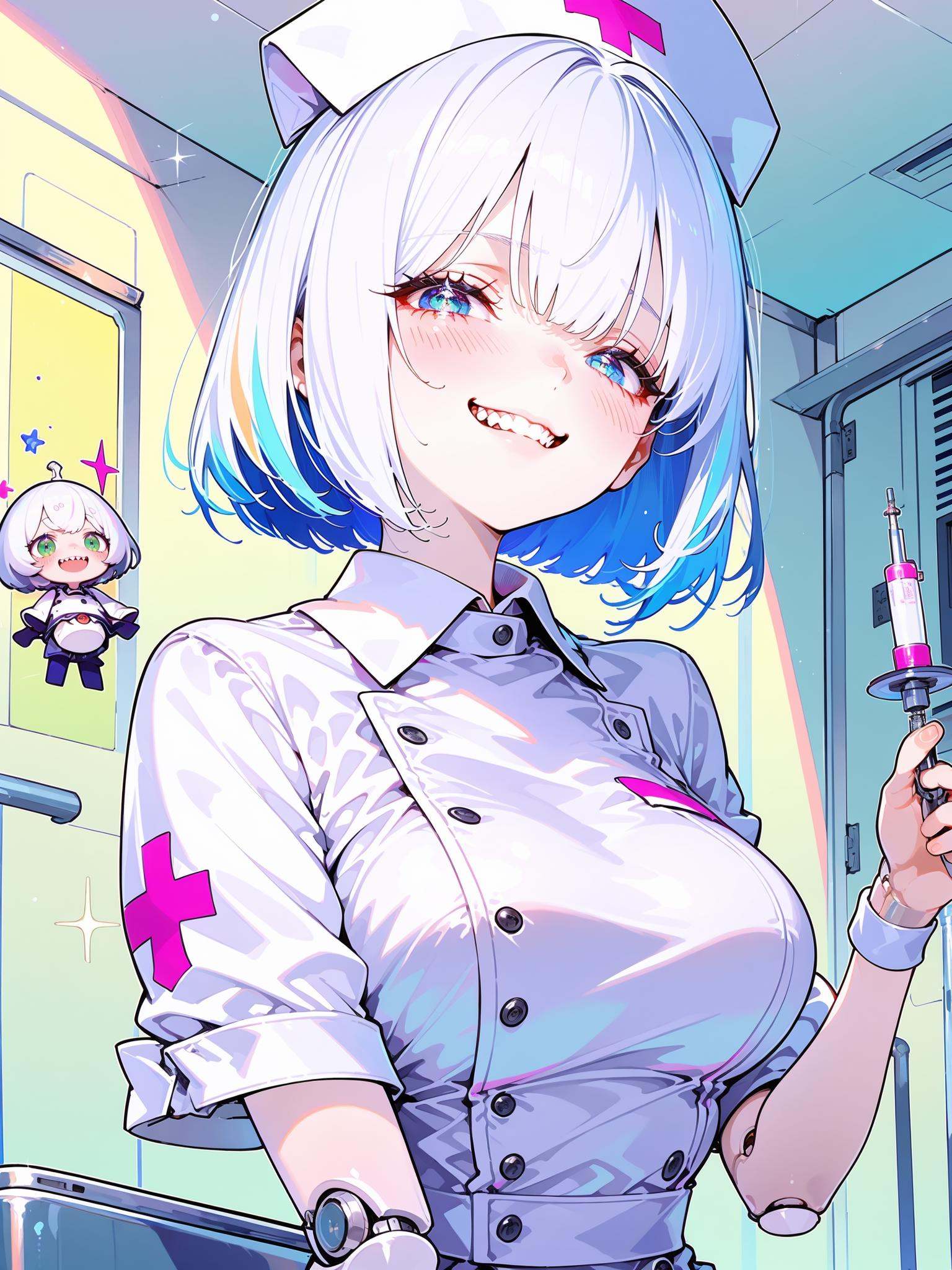 HEZI, splendid atmosphere, rich in colors, beautiful, 1girl, nurse, joints, nurse cap, smile, hat, white hair, doll joints, syringe, teeth, holding, short hair, breasts, looking at viewer, holding syringe, sharp teeth, grin, blush, short sleeves, white dress, +_+, indoors, dress, solo, blunt bangs, bob cut, upper body, buttons, large breasts, white headwear, green eyes, medium breasts, blue eyes, cross, robot joints, doll, multicolored eyes, sparkle, hand up, open mouth