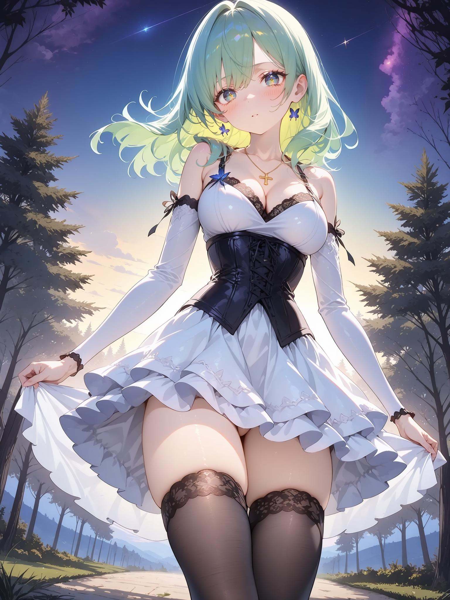 HEZI, splendid atmosphere, rich in colors, beautiful, 1girl, breasts, thighhighs, green hair, jewelry, corset, night, necklace, solo, dress, detached sleeves, large breasts, cleavage, star \(sky\), black thighhighs, butterfly, bug, sky, night sky, starry sky, bare shoulders, looking at viewer, white dress, tree, outdoors, long hair, cross-laced clothes, skirt, frilled dress, multicolored hair, frills, earrings, white skirt, collarbone, fairy, holding, parted bangs, thighs, medium hair, head tilt, parted lips, underbust, lace trim, pendant, closed mouth, blue butterfly, white sleeves, forest, nature, cross-laced dress, wings, standing, black corset, feet out of frame
