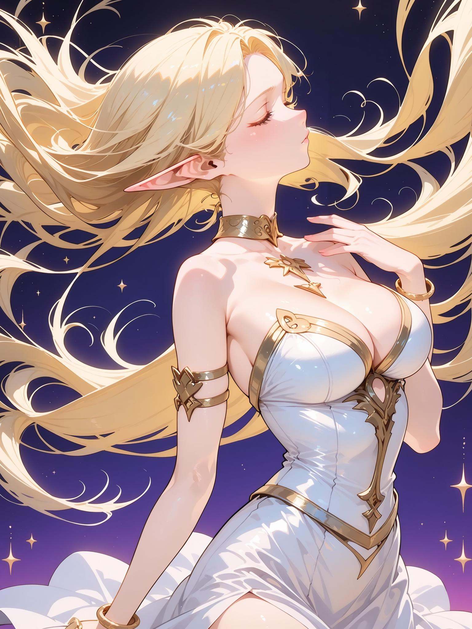 HEZI, splendid atmosphere, rich in colors, beautiful, 1girl, closed eyes, long hair, breasts, solo, pointy ears, multicolored hair, dress, white hair, armlet, blonde hair, jewelry, white dress, circlet, streaked hair, bracelet, cleavage, hands on own chest, bare shoulders, large breasts, from side, gold choker, water, sleeveless, gem, sleeveless dress, cowboy shot, floating hair, elf, star \(sky\), two-tone hair, profile, closed mouth, sky, parted bangs, thighs, gold trim, standing, hand on own chest