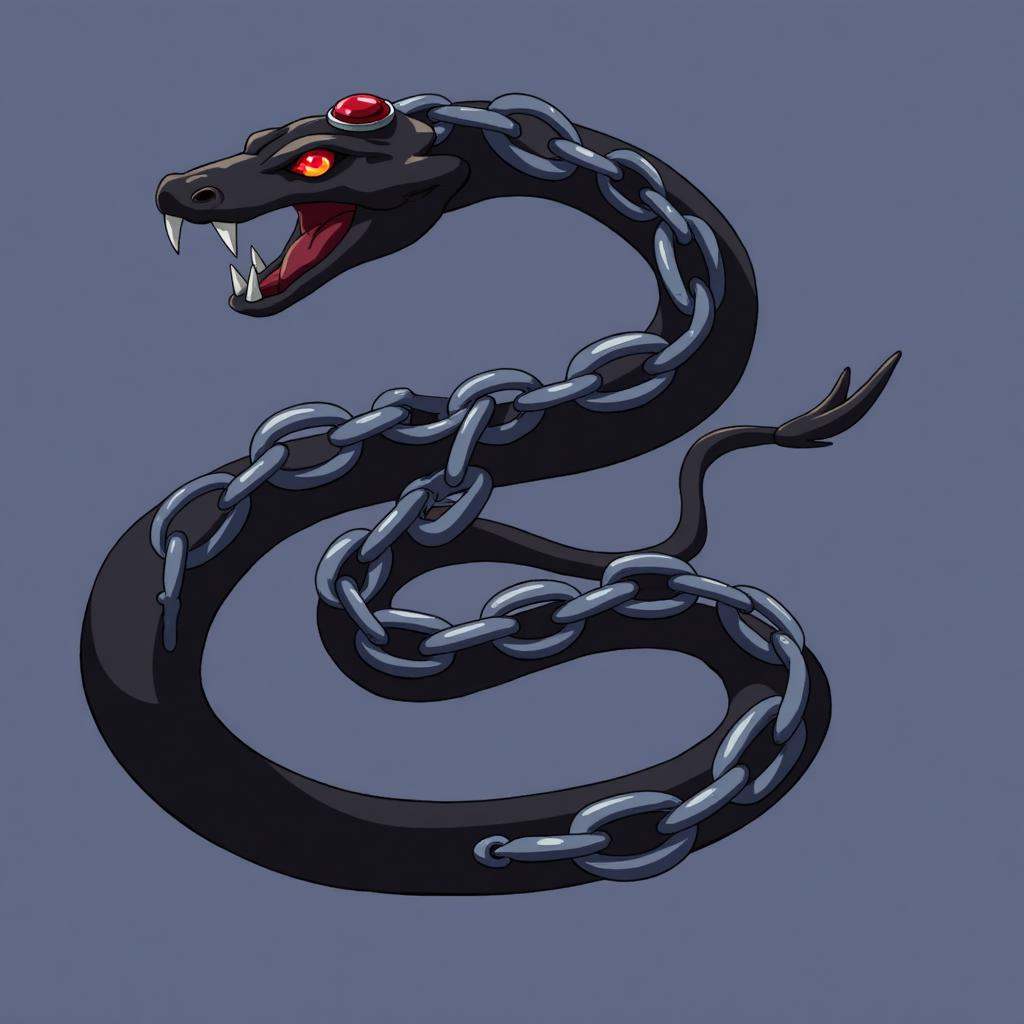 A digital drawing of a menacing, black snake with a metallic, chain-**** body coiled around its neck, featuring a red, glowing eye and sharp fangs. The snake's head is adorned with a red gemstone. The background is a solid, muted blue-gray, emphasizing the dark, sinister aesthetic. The style is sleek and modern, with a slight cartoonish flair.
